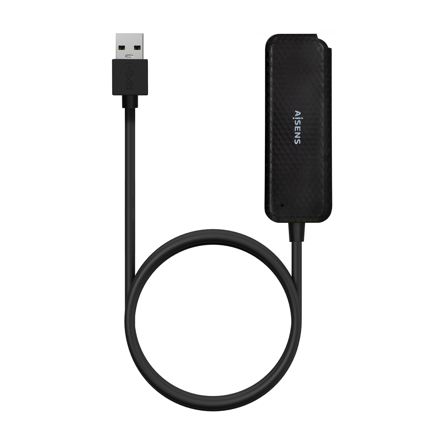 Un cavo USB nero con un piccolo dispositivo rettangolare nero.