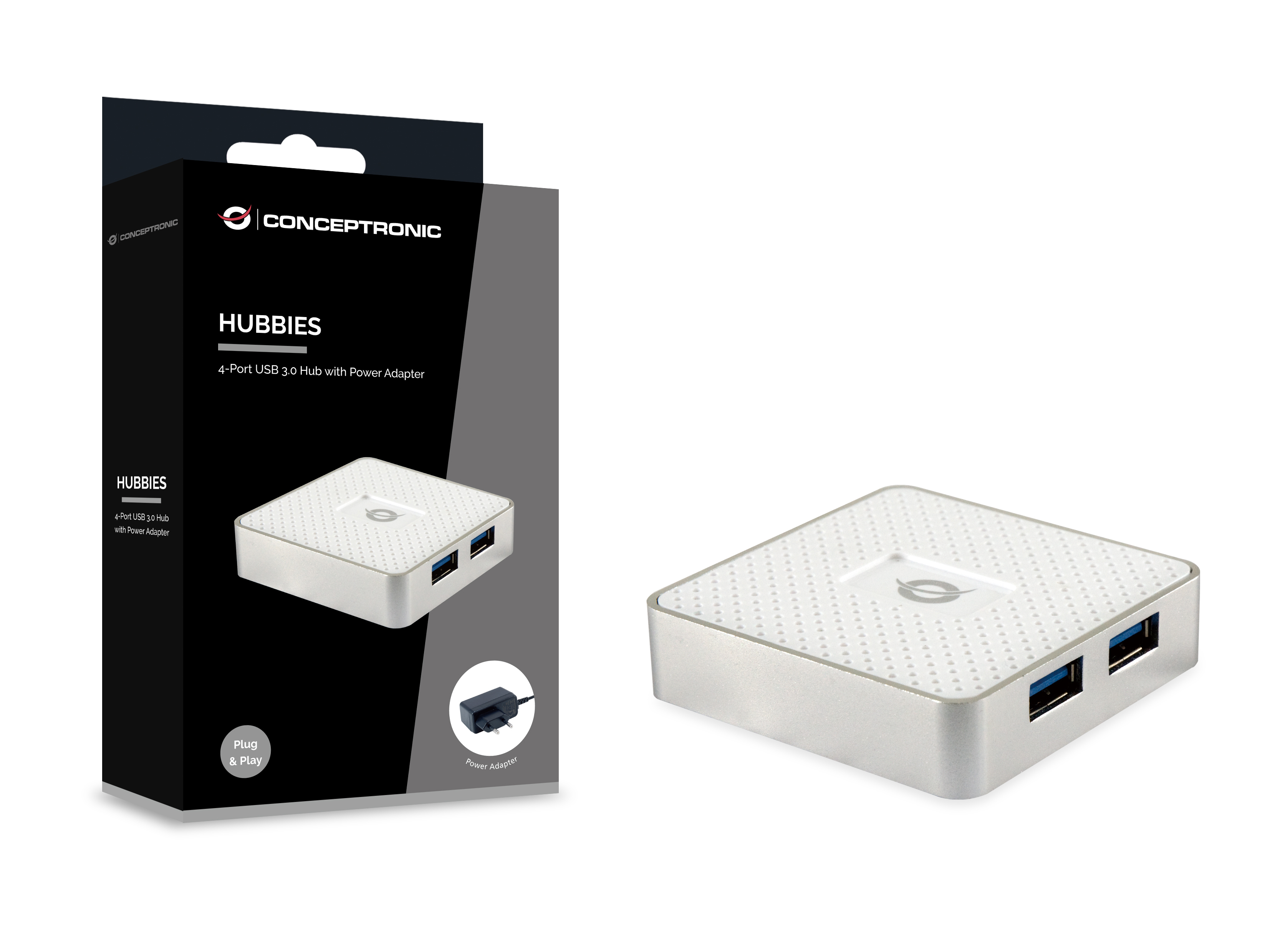 Un hub USB e la sua scatola, entrambi bianchi, con un adattatore di alimentazione. Sfondo bianco.