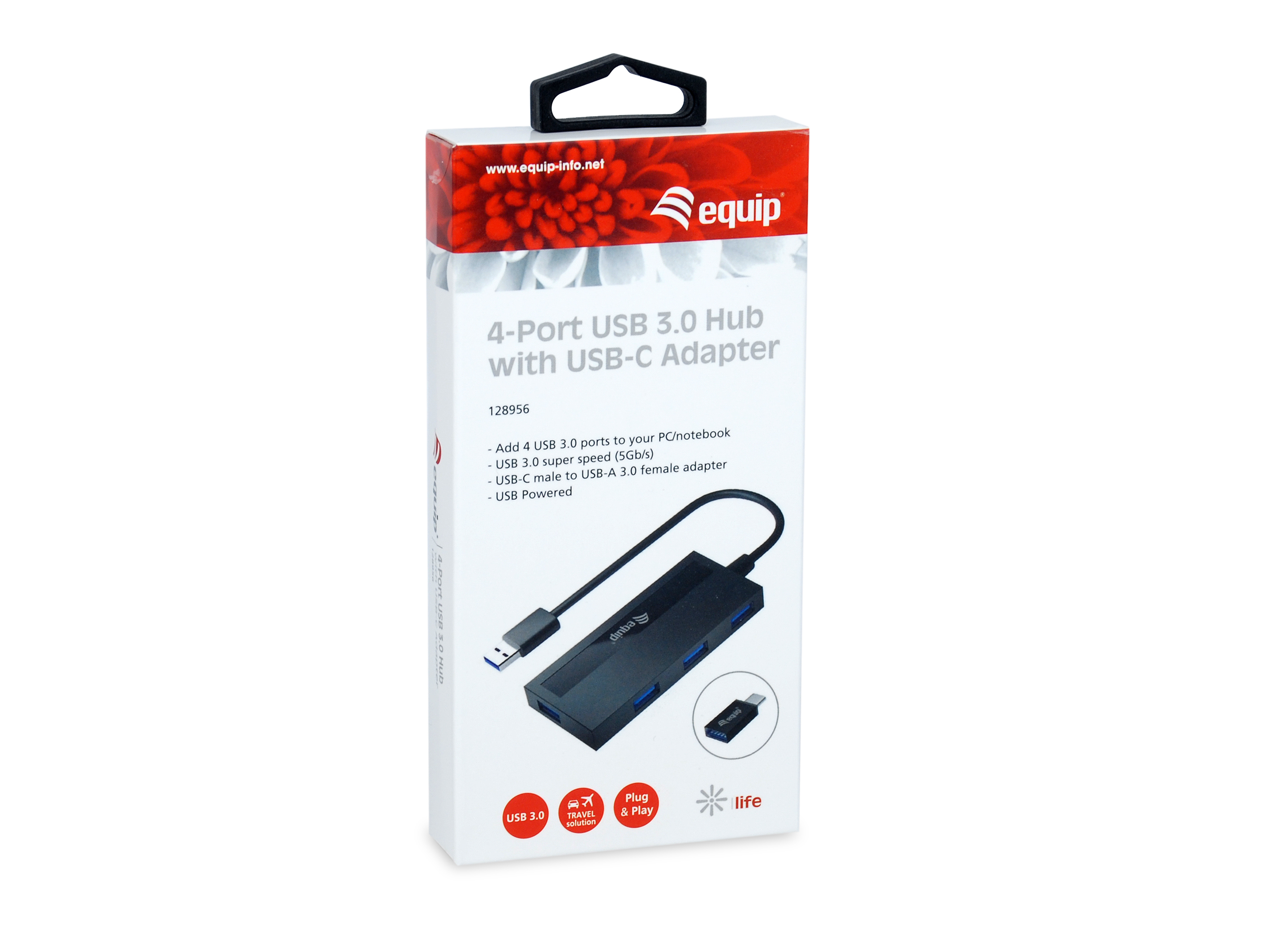 Un hub USB nero in una scatola con un adattatore USB-C. La scatola ha il logo equip.