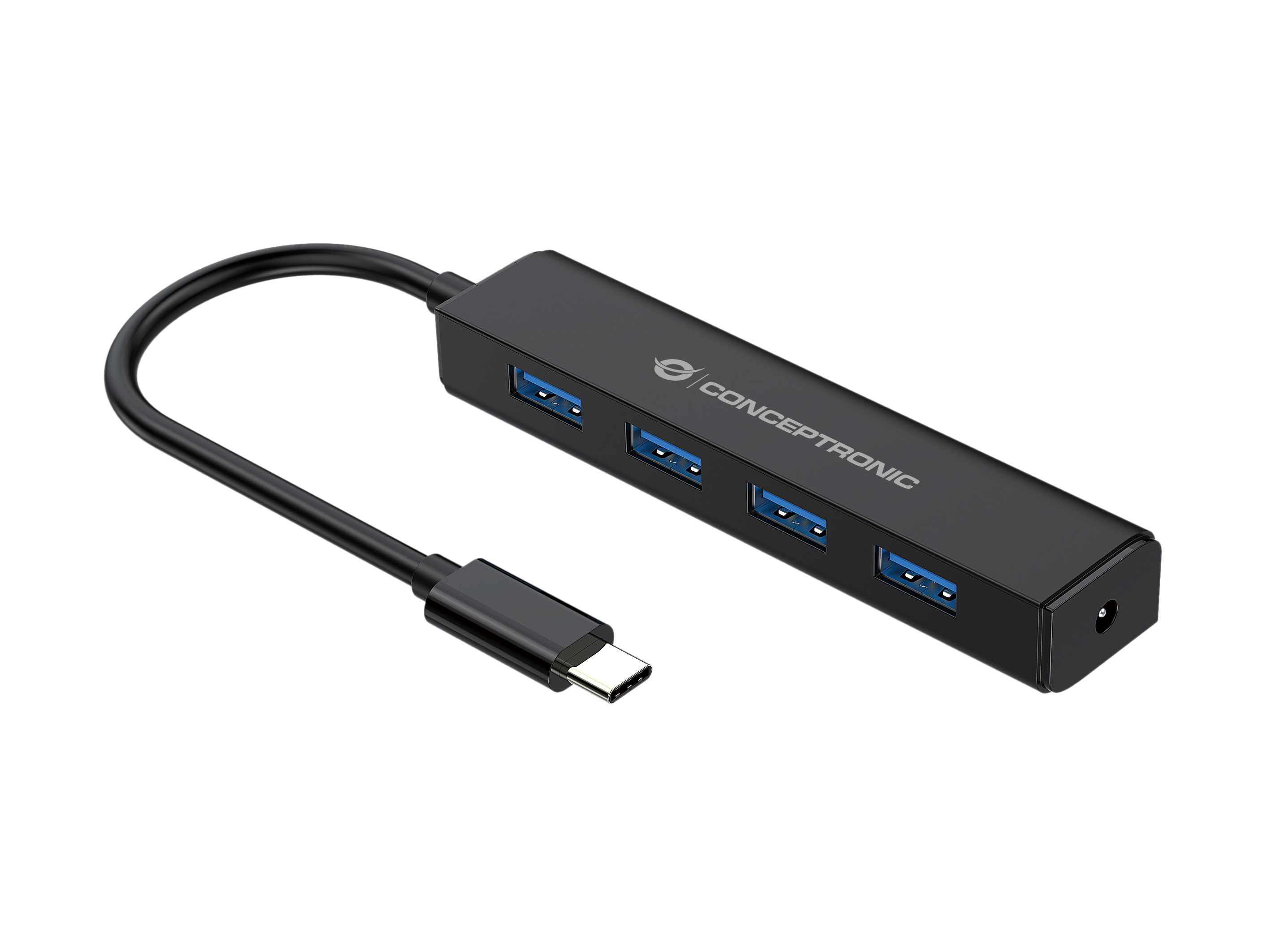 Un hub USB nero con 4 porte USB e un cavo USB-C. Il logo CONCEPTTRONIC è visibile.