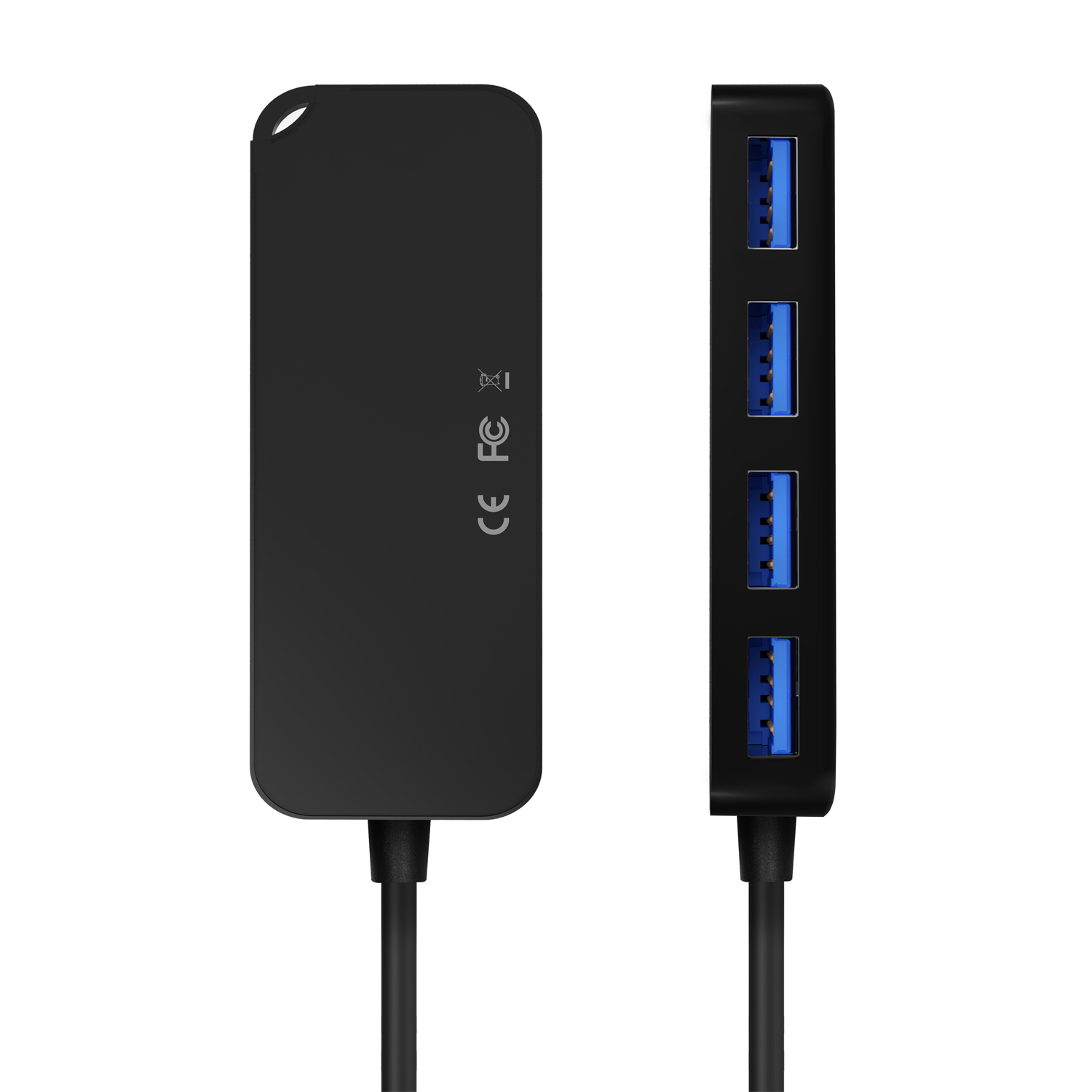 Un hub USB nero con quattro porte USB e un cavo nero. Retro con marchi CE e FC.