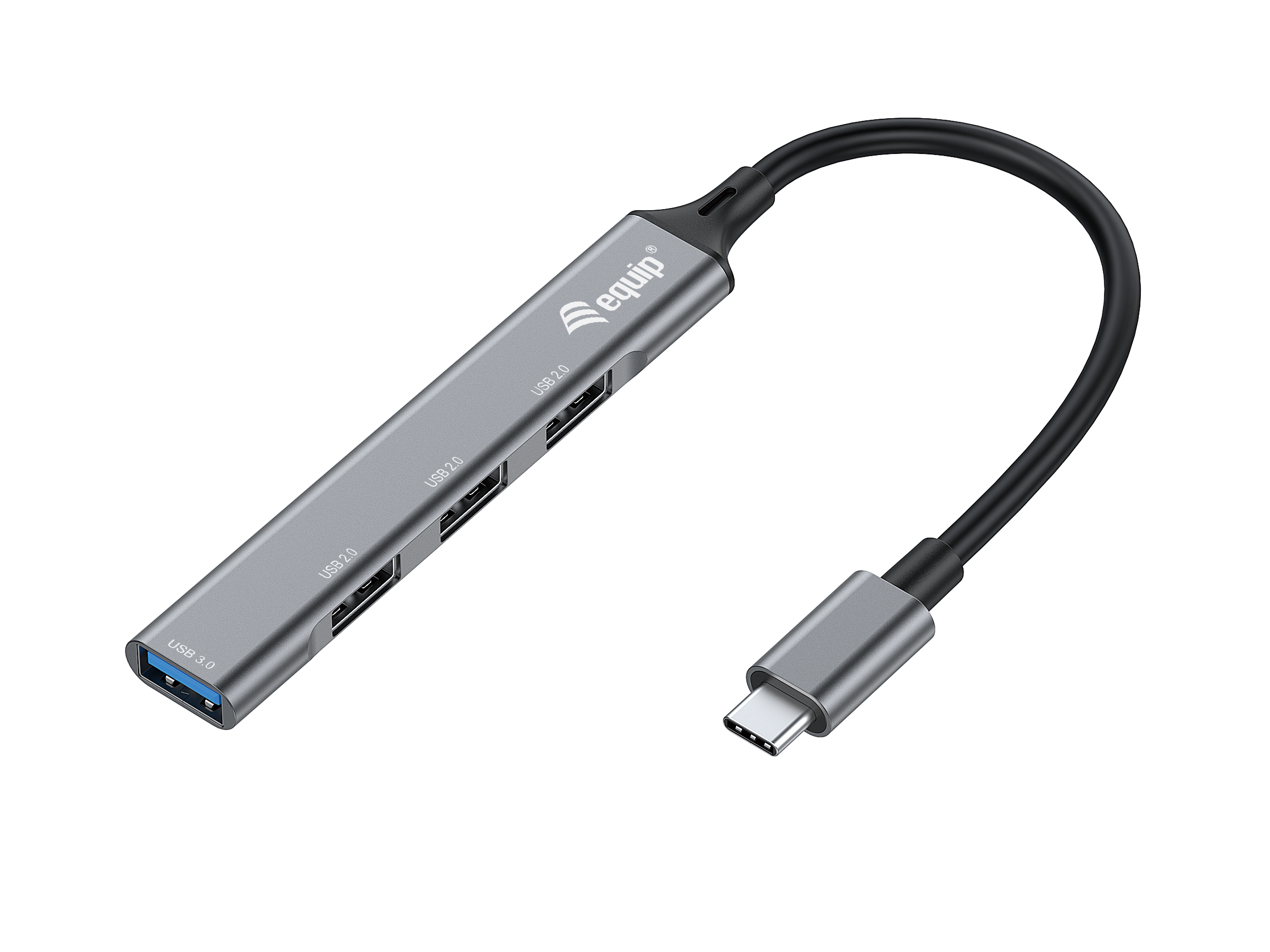 Hub USB grigio con porte USB e cavo USB-C su sfondo bianco.