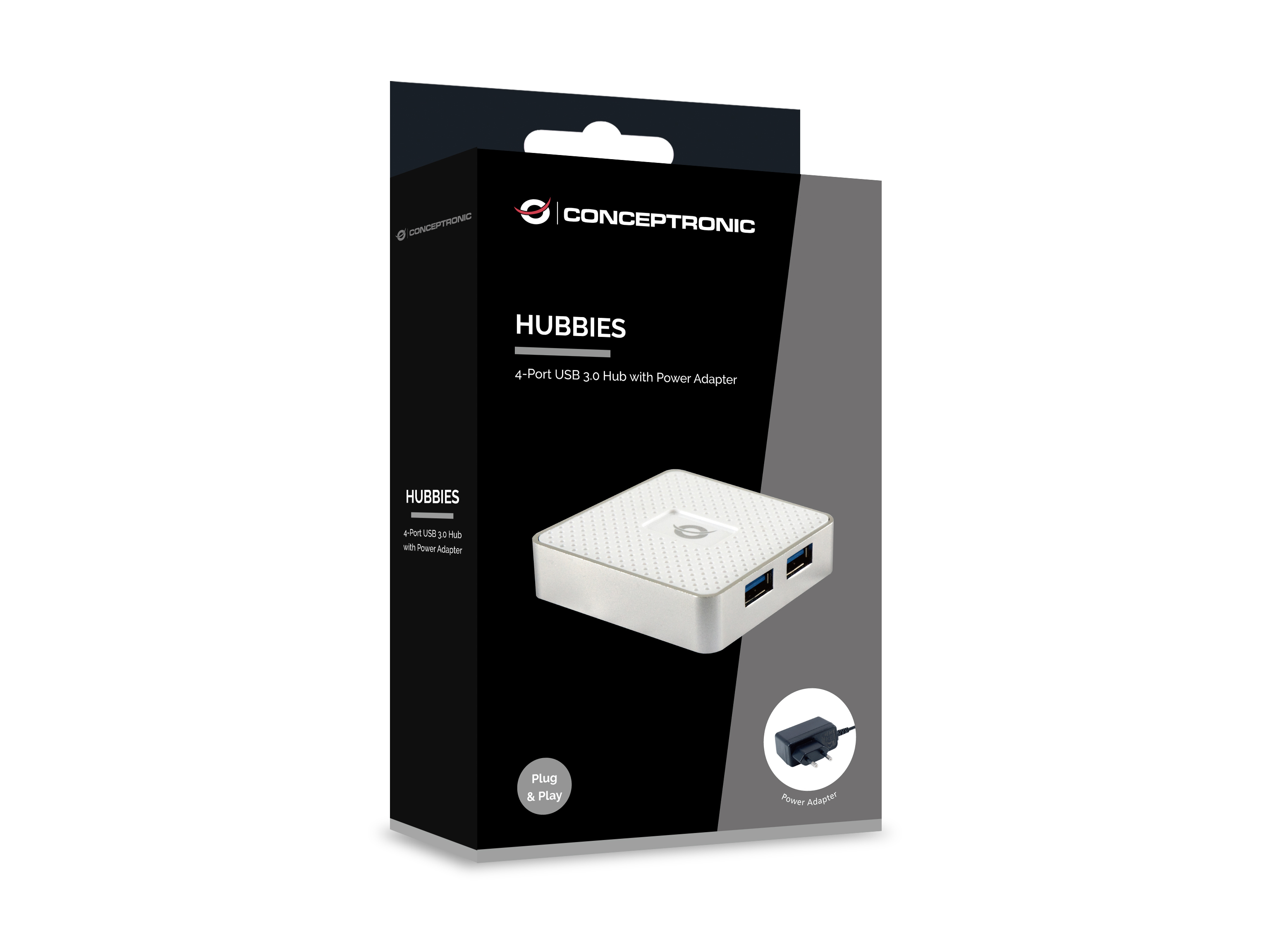 Scatola nera con un hub USB, la scatola contiene un hub bianco. Il marchio è Conceptronic.