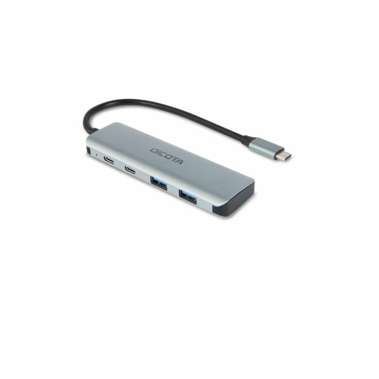 Hub USB grigio con porte, un cavo USB-C, su sfondo bianco.