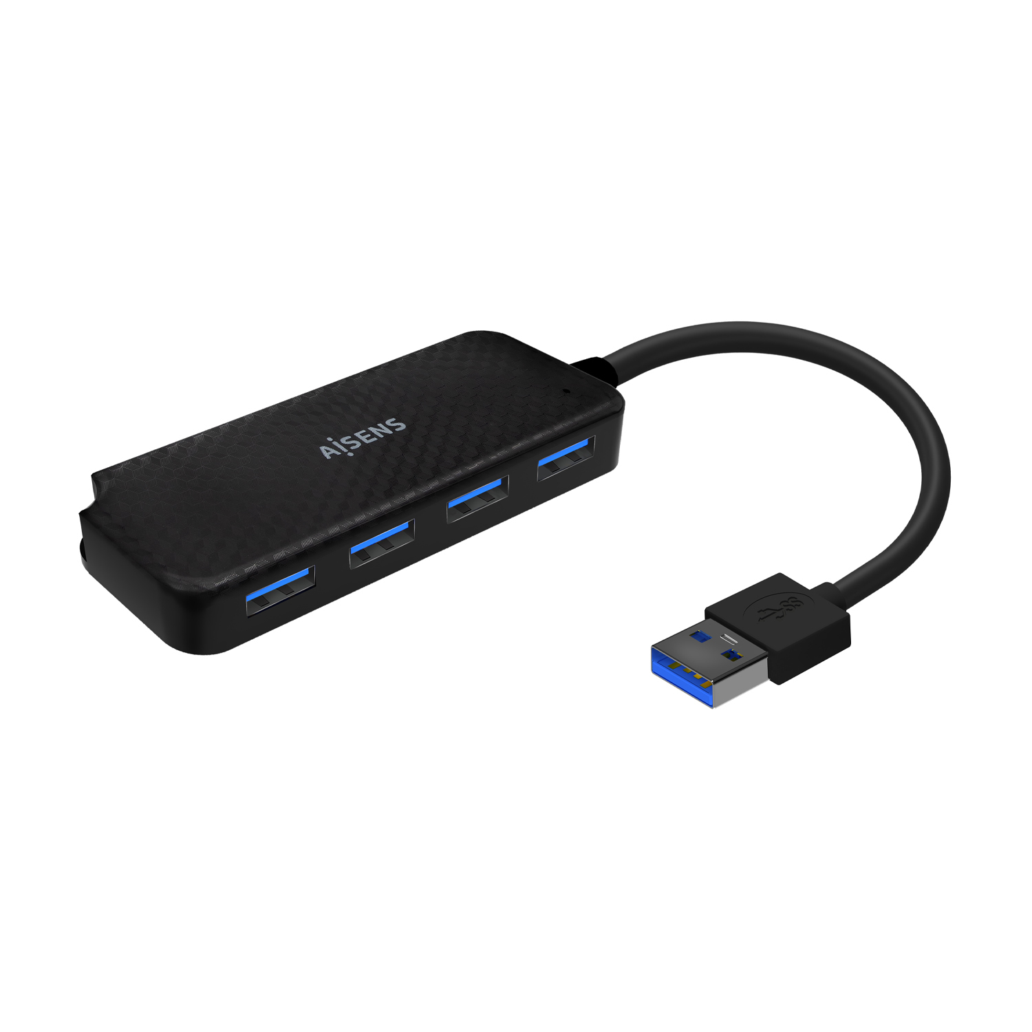 Hub USB AiSens nero con quattro porte e connettore USB-A, su bianco.