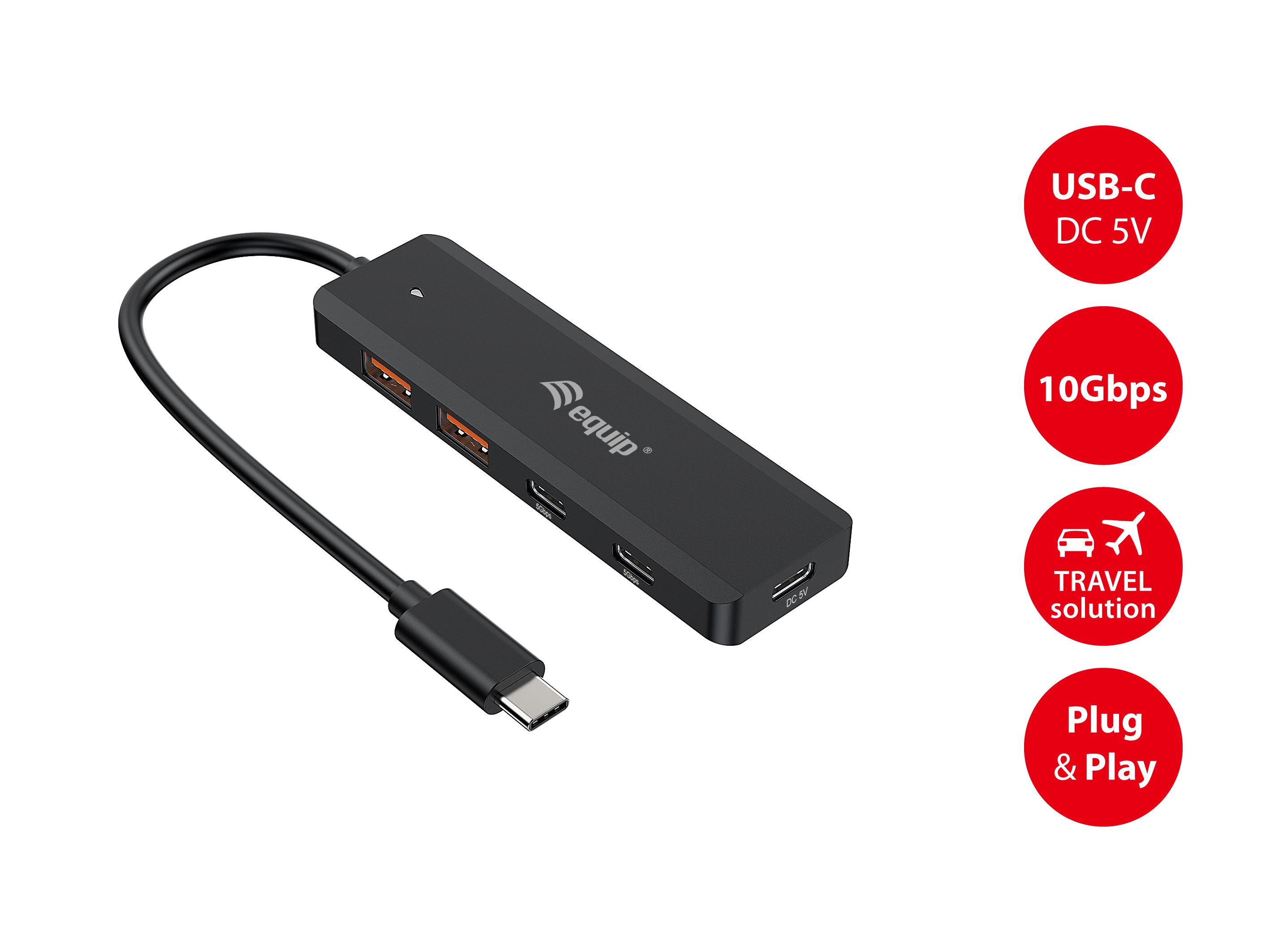 Hub USB nero con connettore USB-C, DC 5V, 10 Gbps, soluzione di viaggio ed etichette Plug & Play.