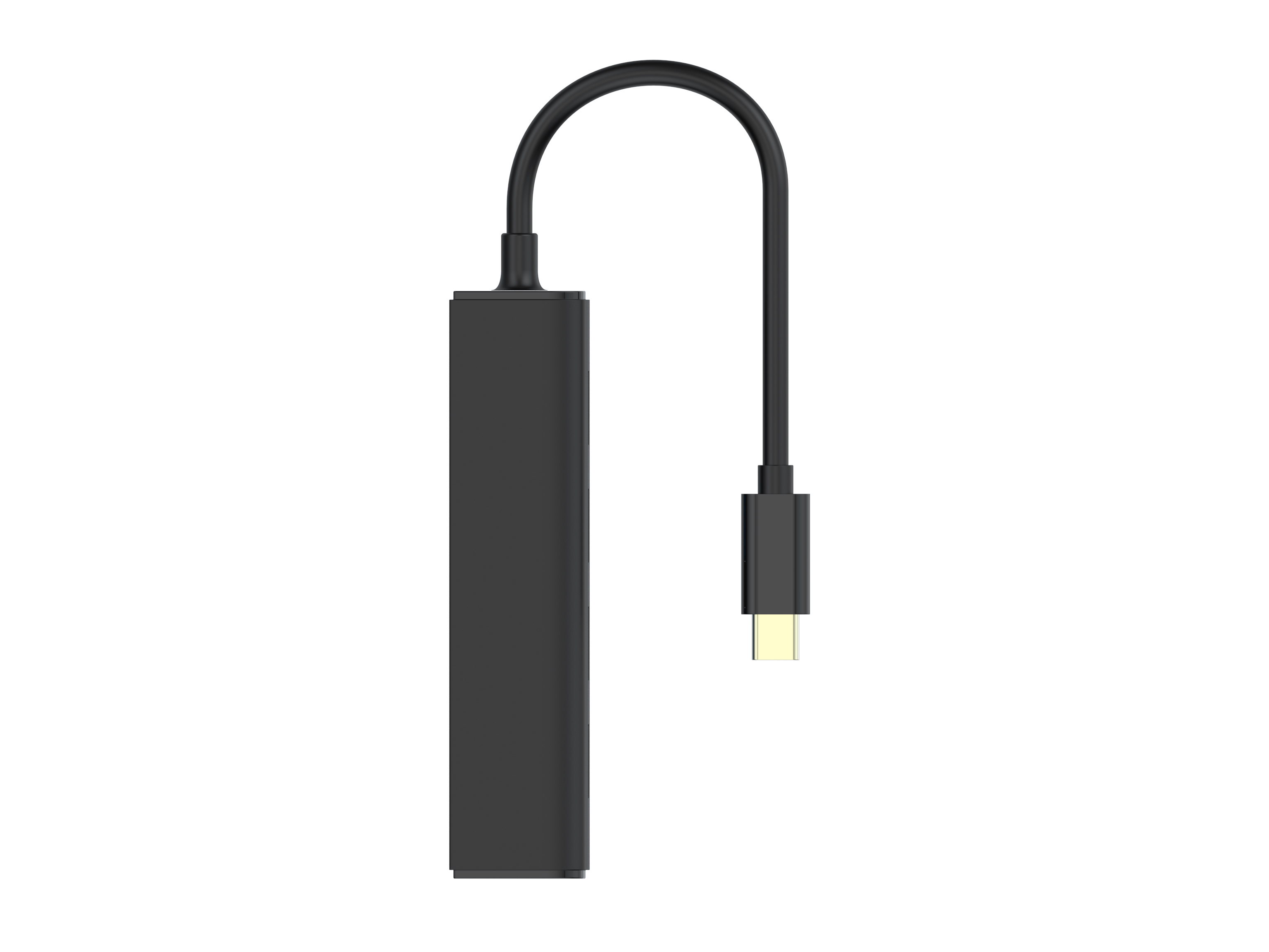 Adattatore USB-C nero con cavo nero collegato e connettore USB-C.