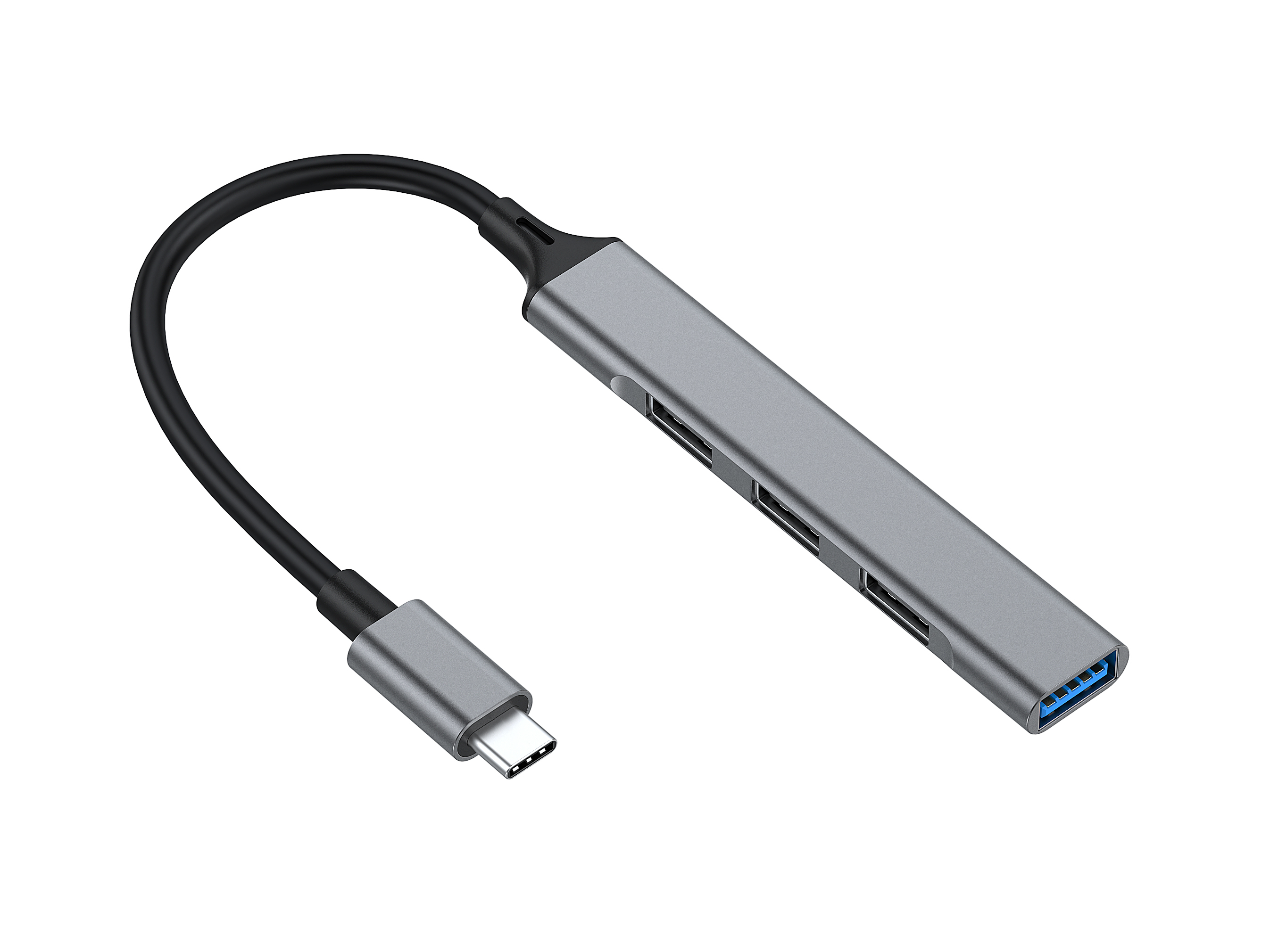 Un hub USB grigio con tre porte USB, connettore USB-C e cavo nero.