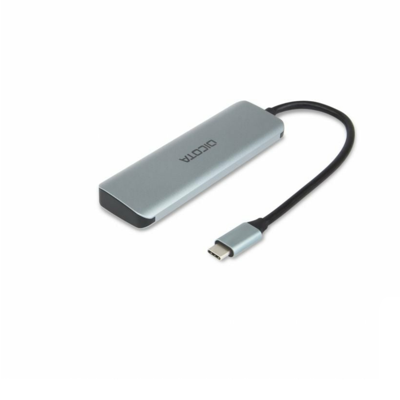 Hub USB Dicota argentato con cavo nero e connettore USB-C su sfondo bianco.