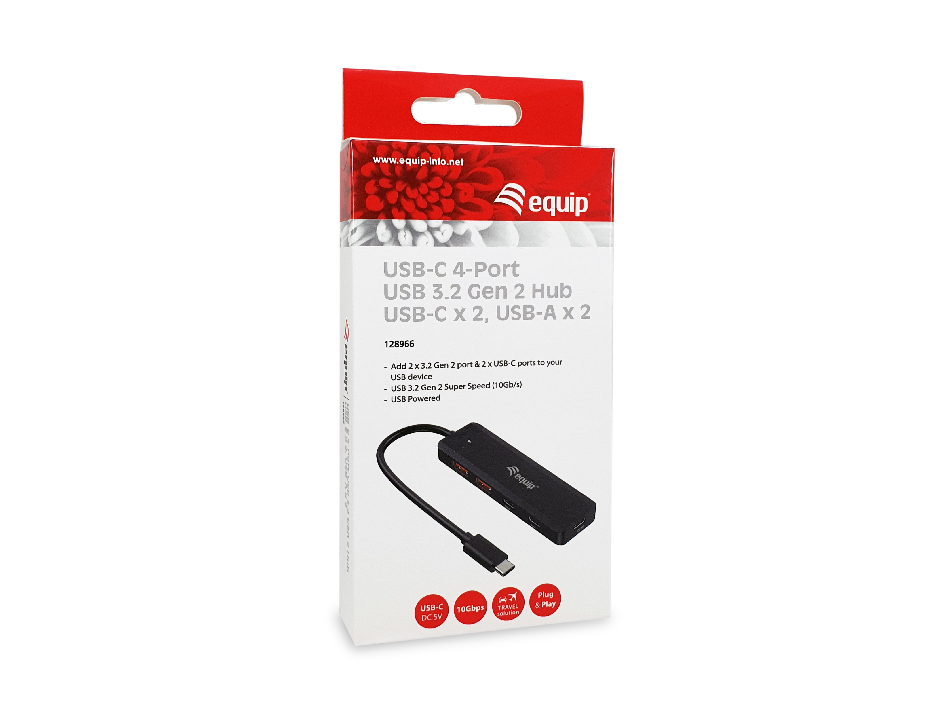 Scatola del prodotto per un hub USB 3.2 Gen 2 a 4 porte USB-C. Hub e cavo neri visibili.