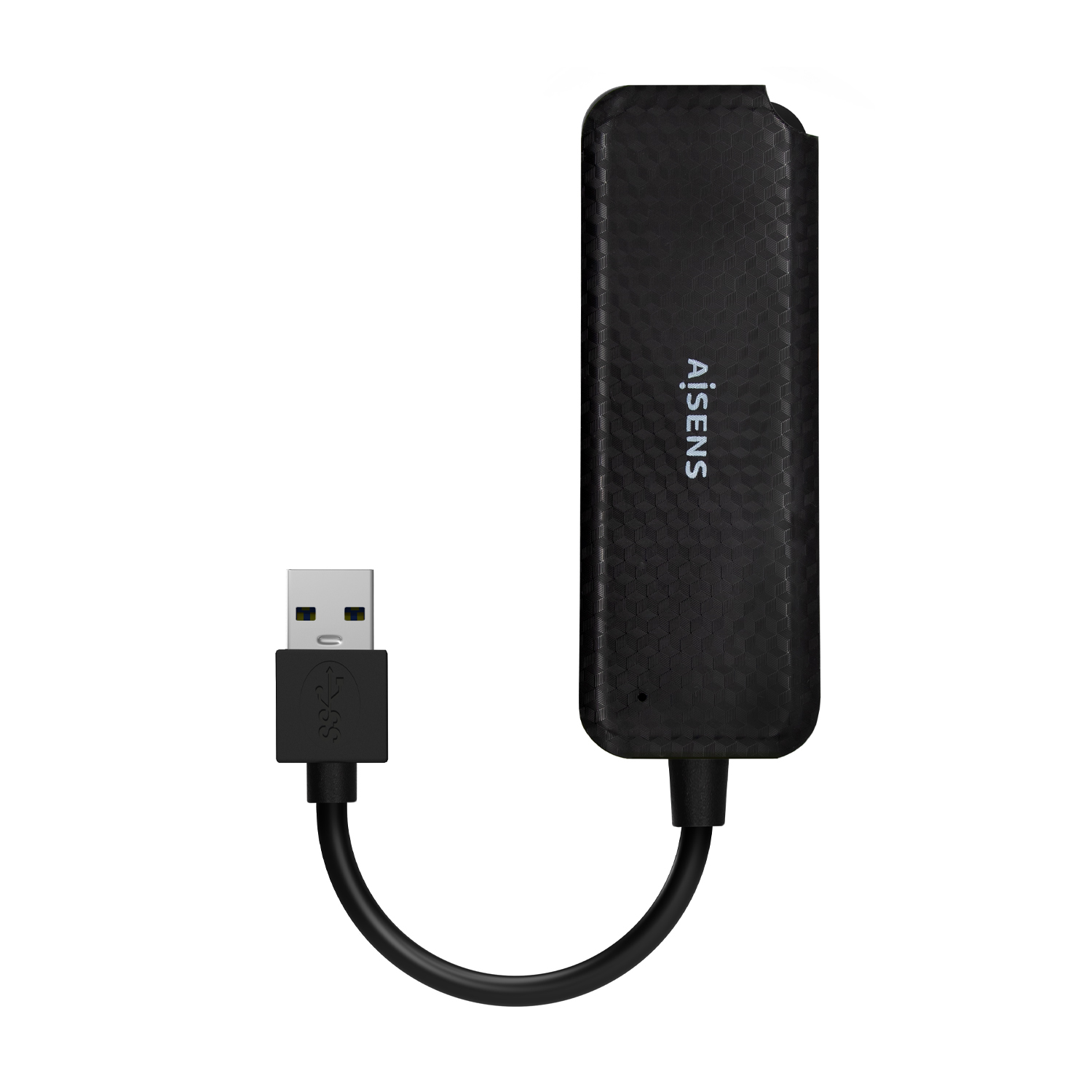 Adattatore USB nero con superficie strutturata e cavo USB collegato.