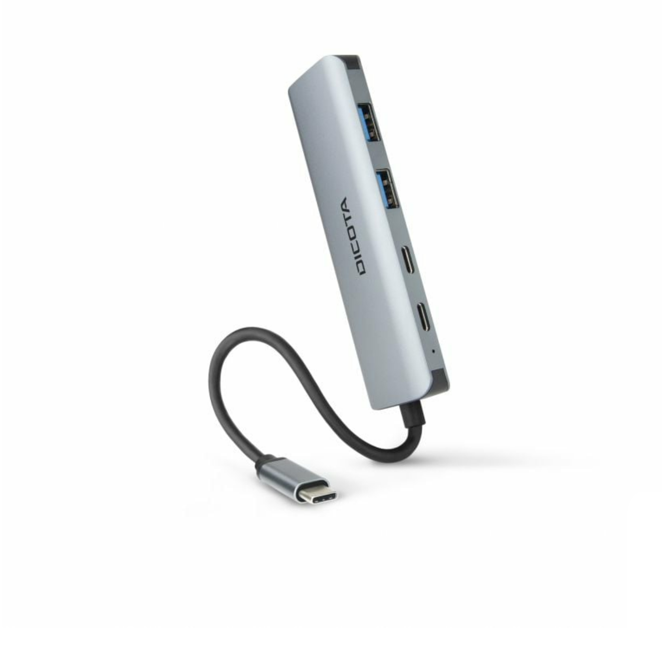 Hub USB argento con connettore USB-C e due porte USB, cavo nero, sfondo bianco.