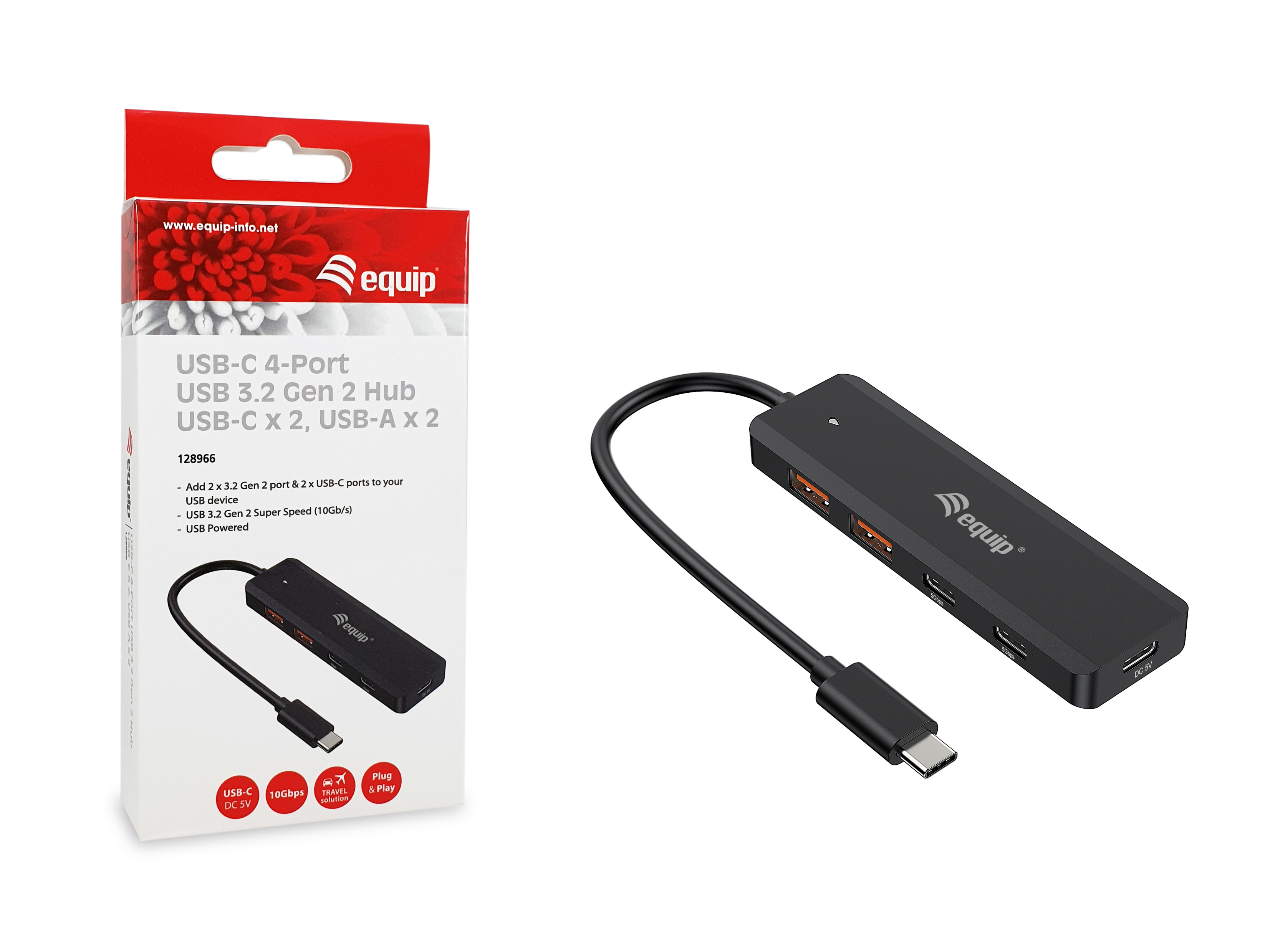 Hub USB-C nero a 4 porte con scatola. La scatola ha un'immagine dell'hub.
