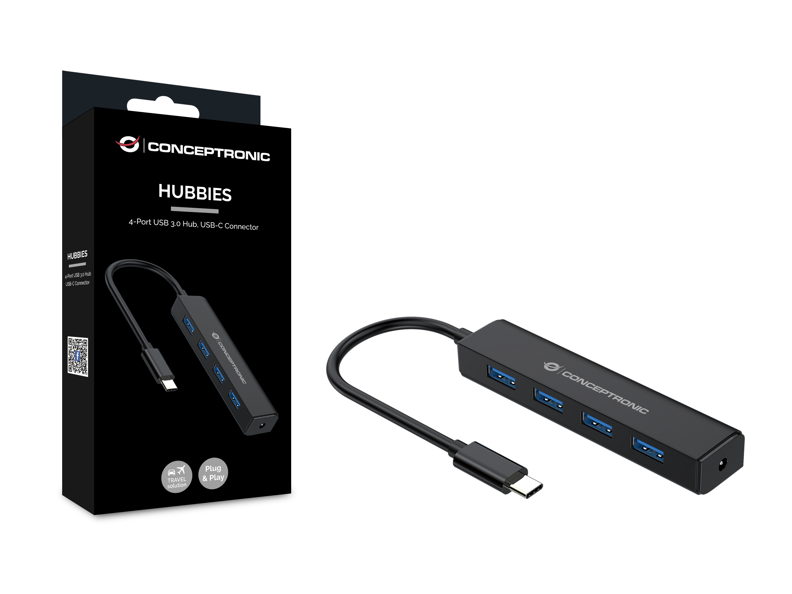Hub Conceptronic nero con cavo USB-C nero. L'hub è accanto alla sua scatola.