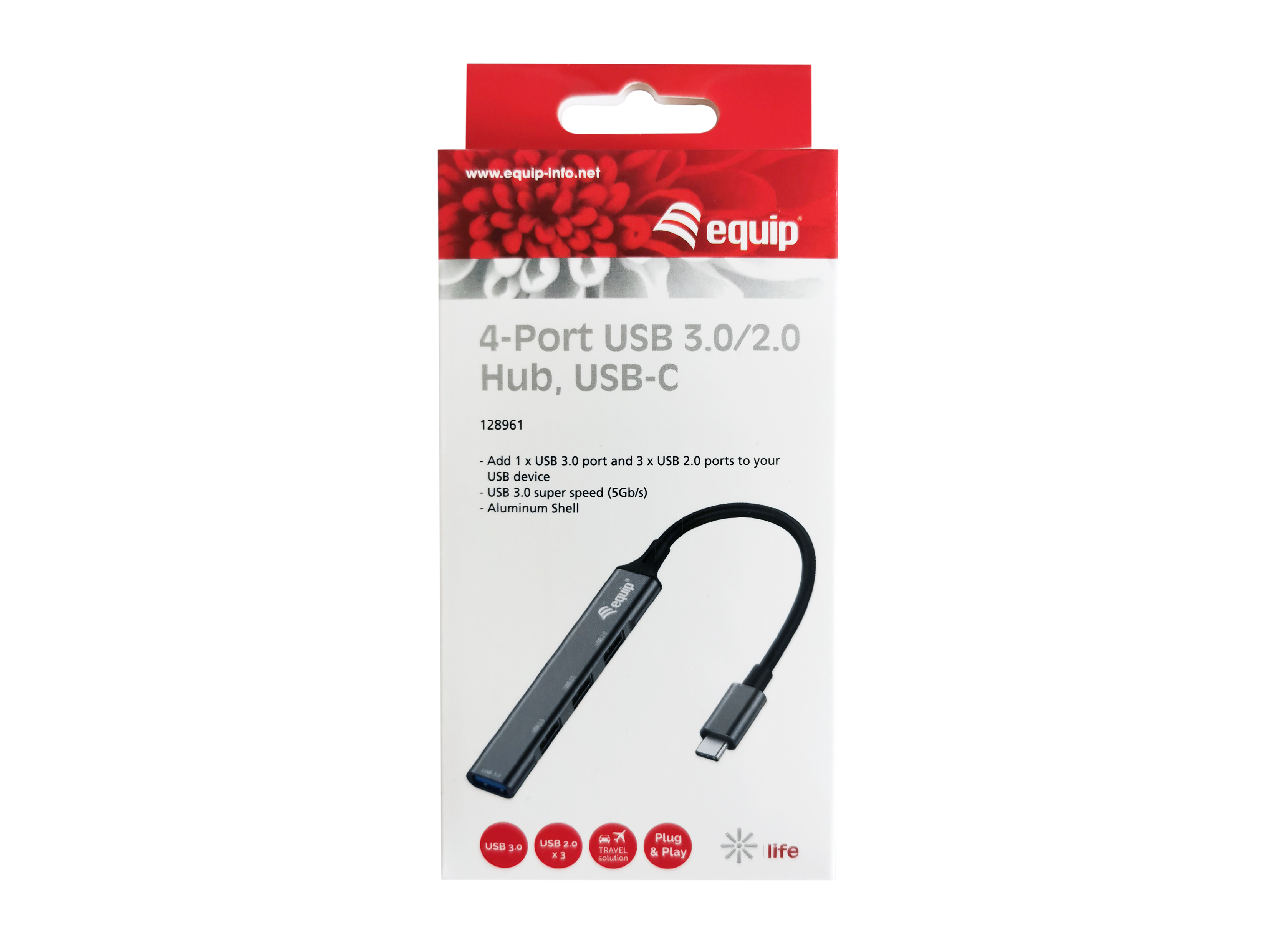 Un hub USB nero con quattro porte in una scatola. Sfondo bianco.