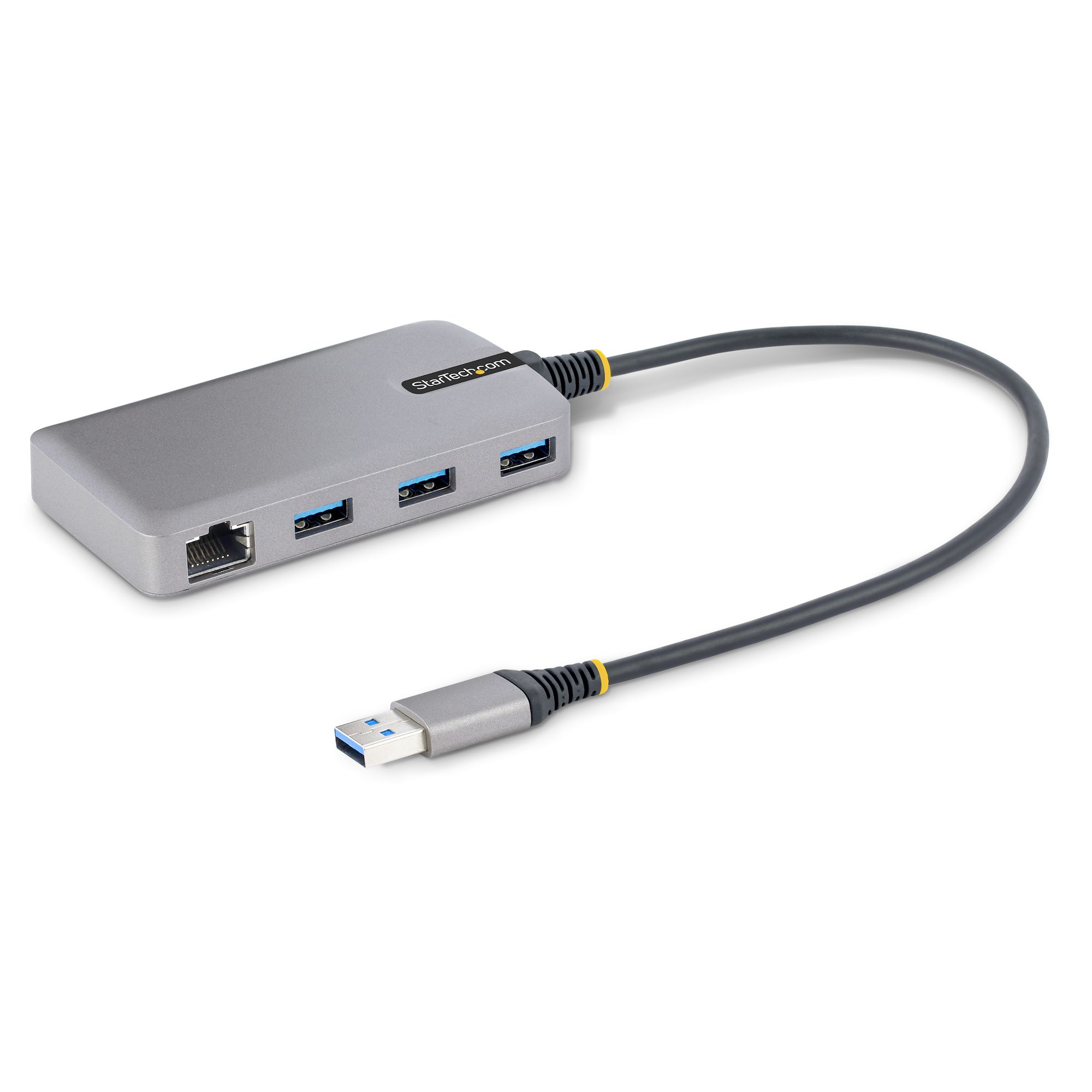 Silberner USB-Hub mit 3 USB-Anschlüssen, einem Ethernet-Anschluss und einem USB-Kabel.