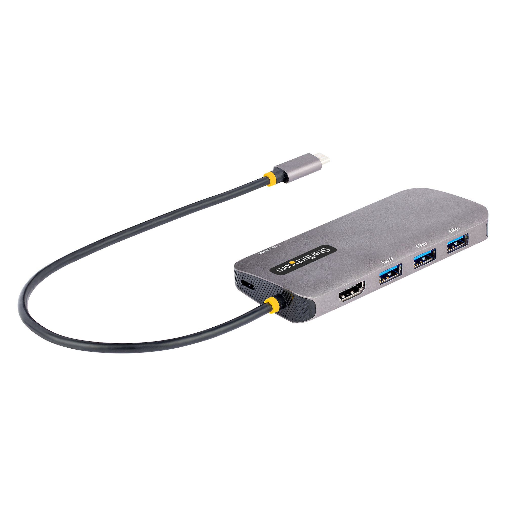Grauer StarTech USB-C-Hub mit mehreren Anschlüssen. Ein schwarzes Kabel ist befestigt.