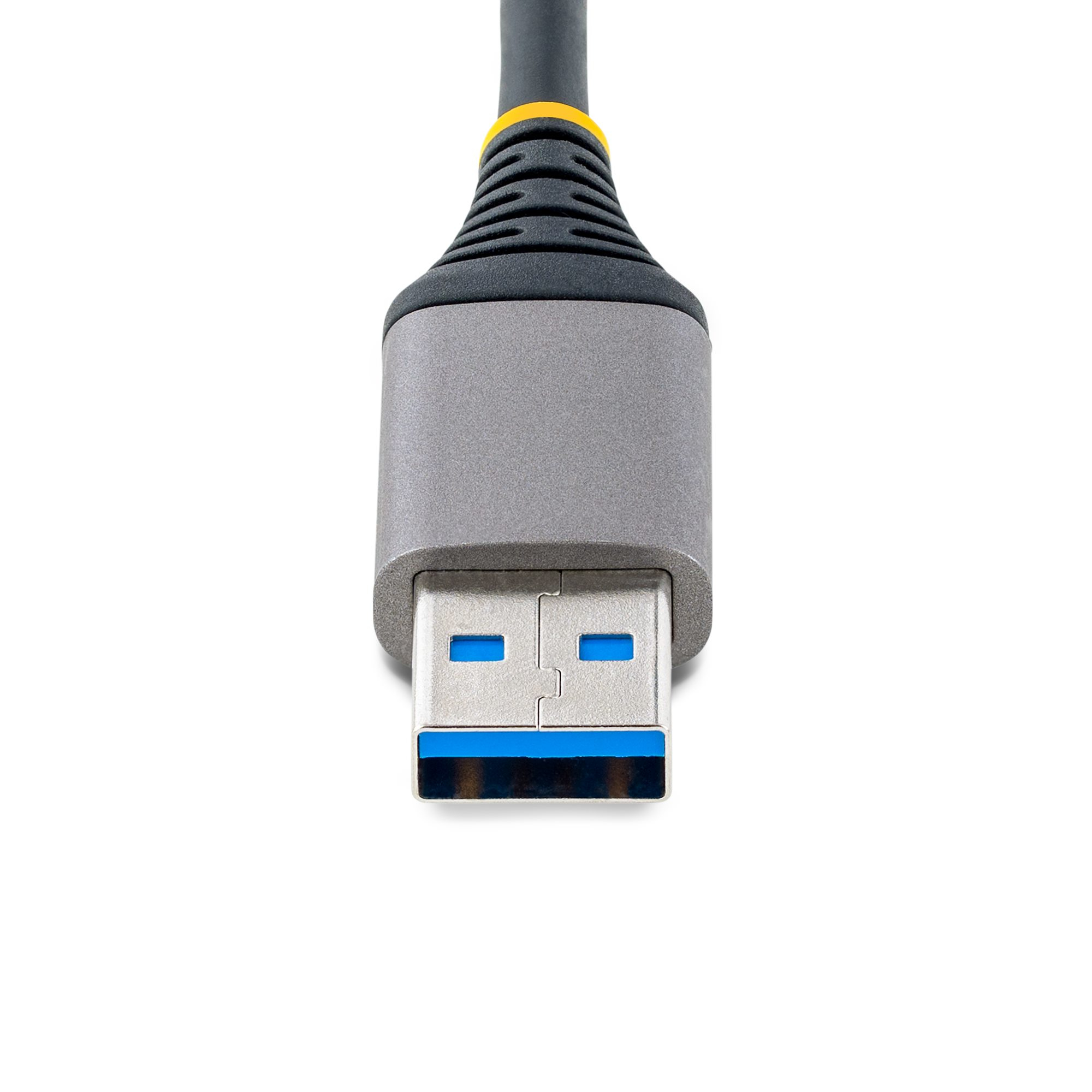 Nahaufnahme eines USB 3.0-Kabelanschlusses mit grauem und blauem Design.