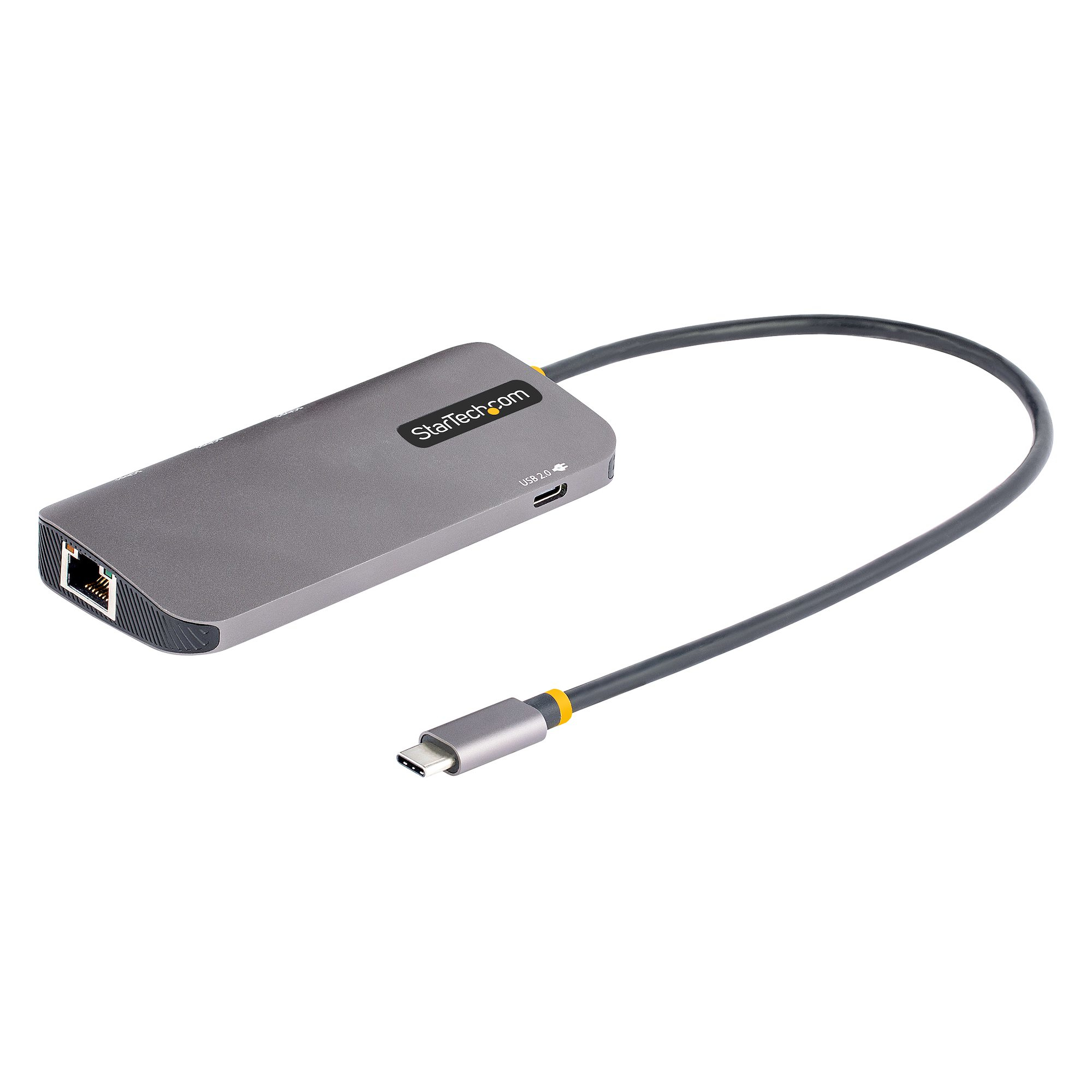 Ein silberner und grauer USB-C-Hub mit Ethernet- und USB-Anschluss.