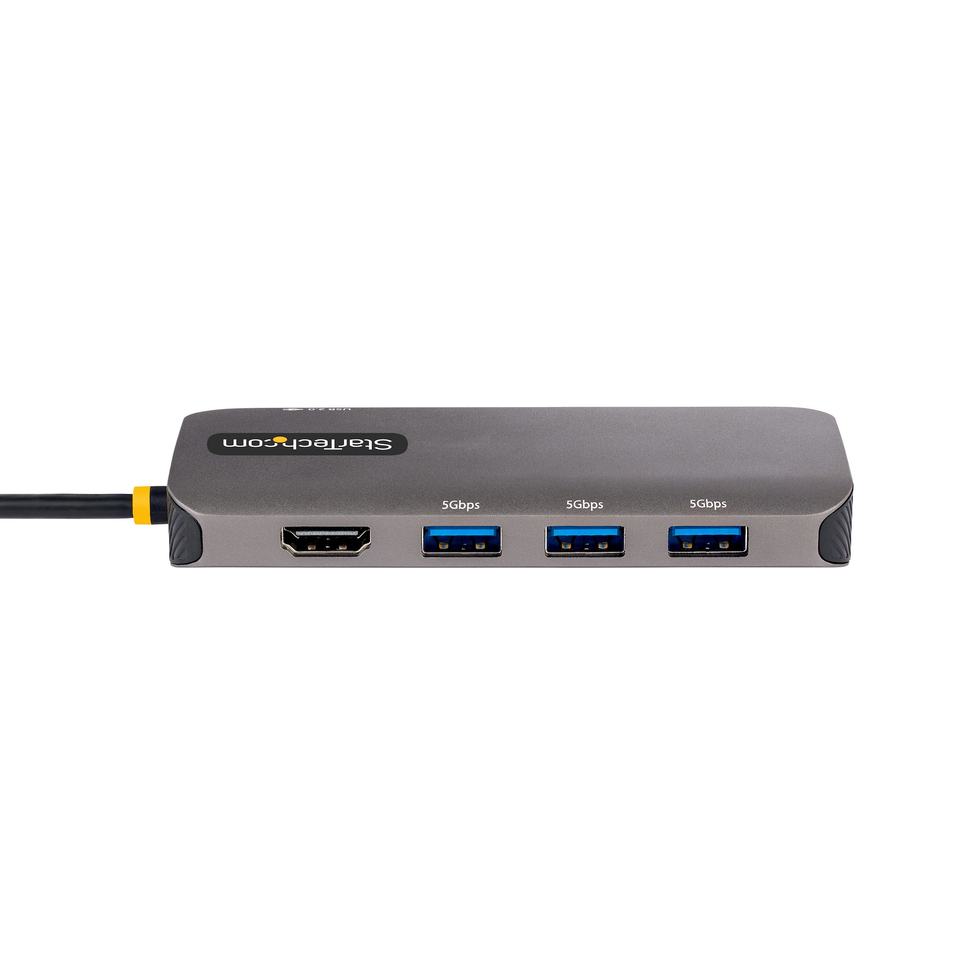 Ein grauer USB-Hub mit mehreren Anschlüssen, einschließlich HDMI und USB, vor weißem Hintergrund.