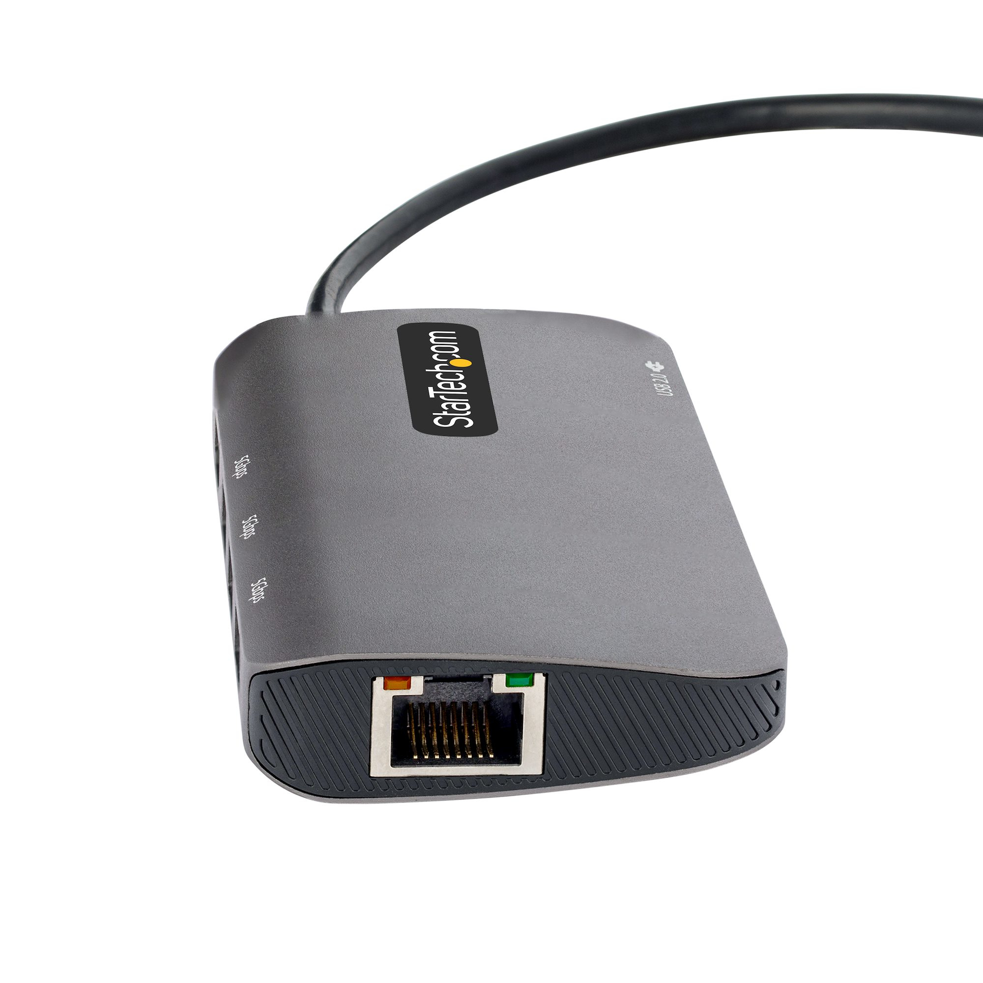 Grauer StarTech USB 3.0 zu Gigabit Ethernet Adapter. Er hat ein schwarzes Kabel und einen Ethernet-Anschluss.