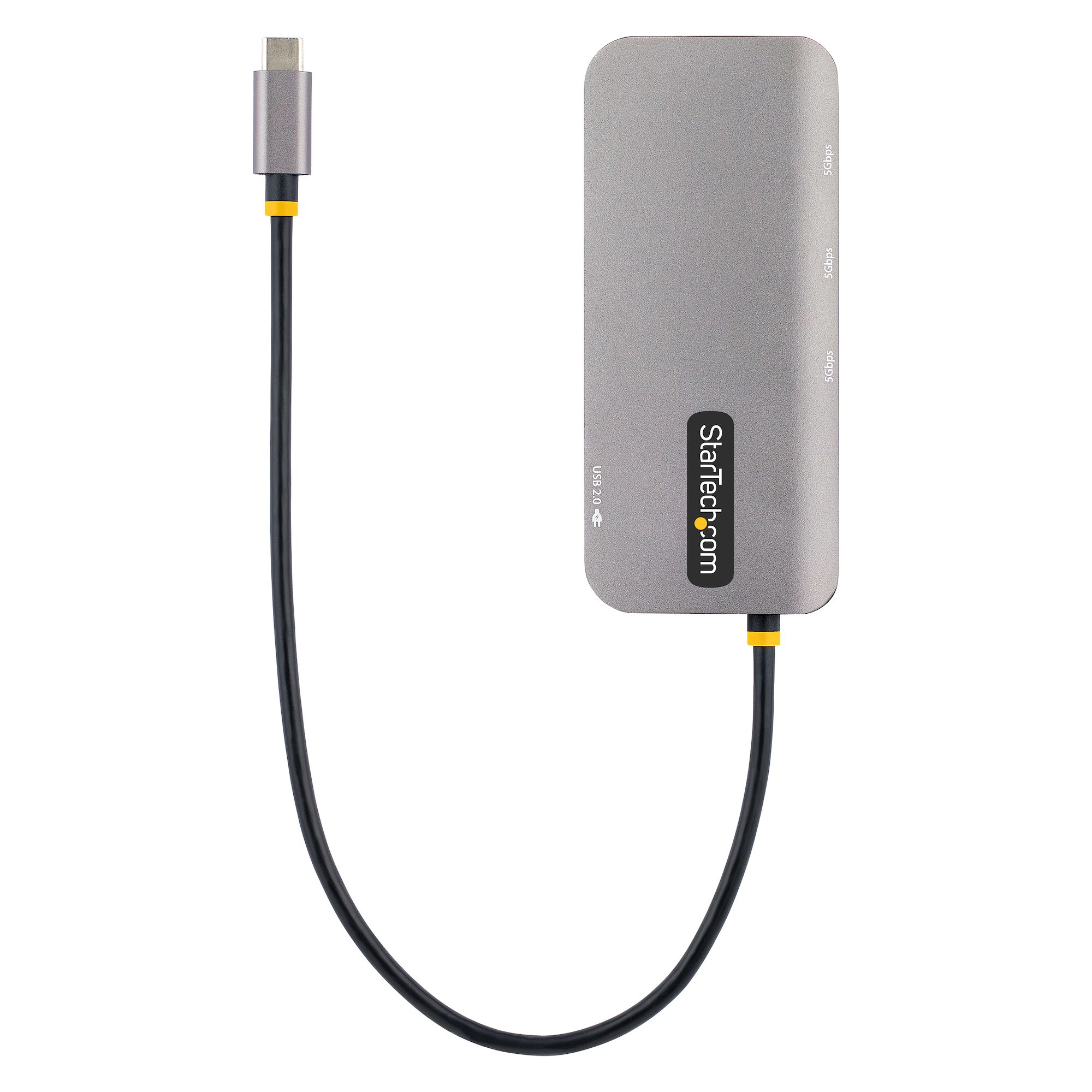 Silberner USB-C-Hub mit schwarzem Kabel. Graues Gehäuse mit gelben Akzenten und USB 2.0.