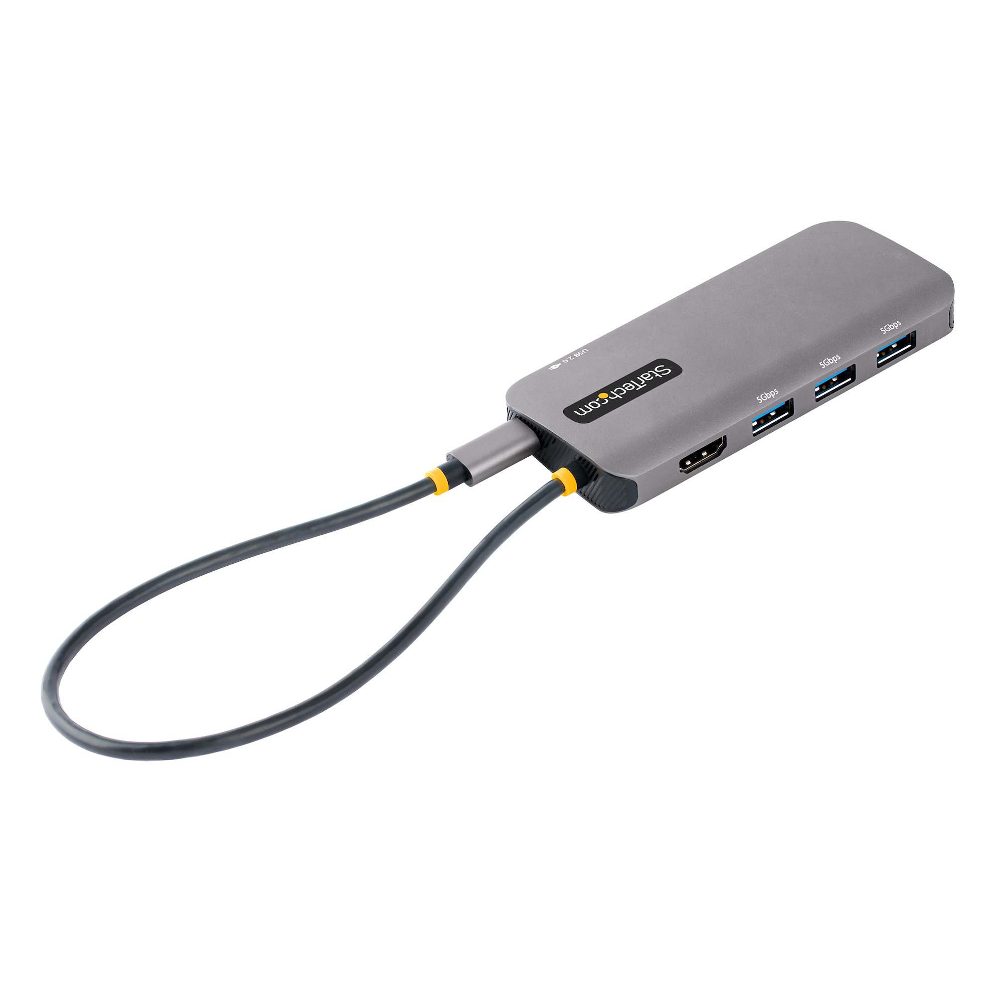 Ein grauer USB-Hub mit mehreren Anschlüssen und einem angeschlossenen Kabel.