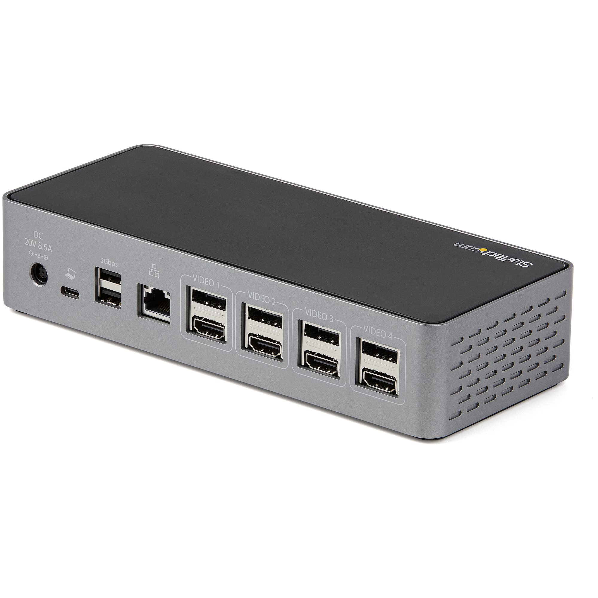 Ein silberner Hub mit USB- und HDMI-Anschlüssen. Er hat eine schwarze Oberseite und eine silberne Basis.