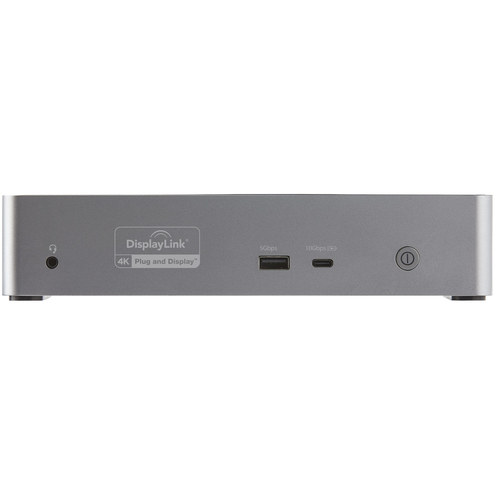 Silberne DisplayLink-Dockingstation mit Anschlüssen: Kopfhörer, 5 Gbit/s, 10 Gbit/s, Ein/Aus-Taste.