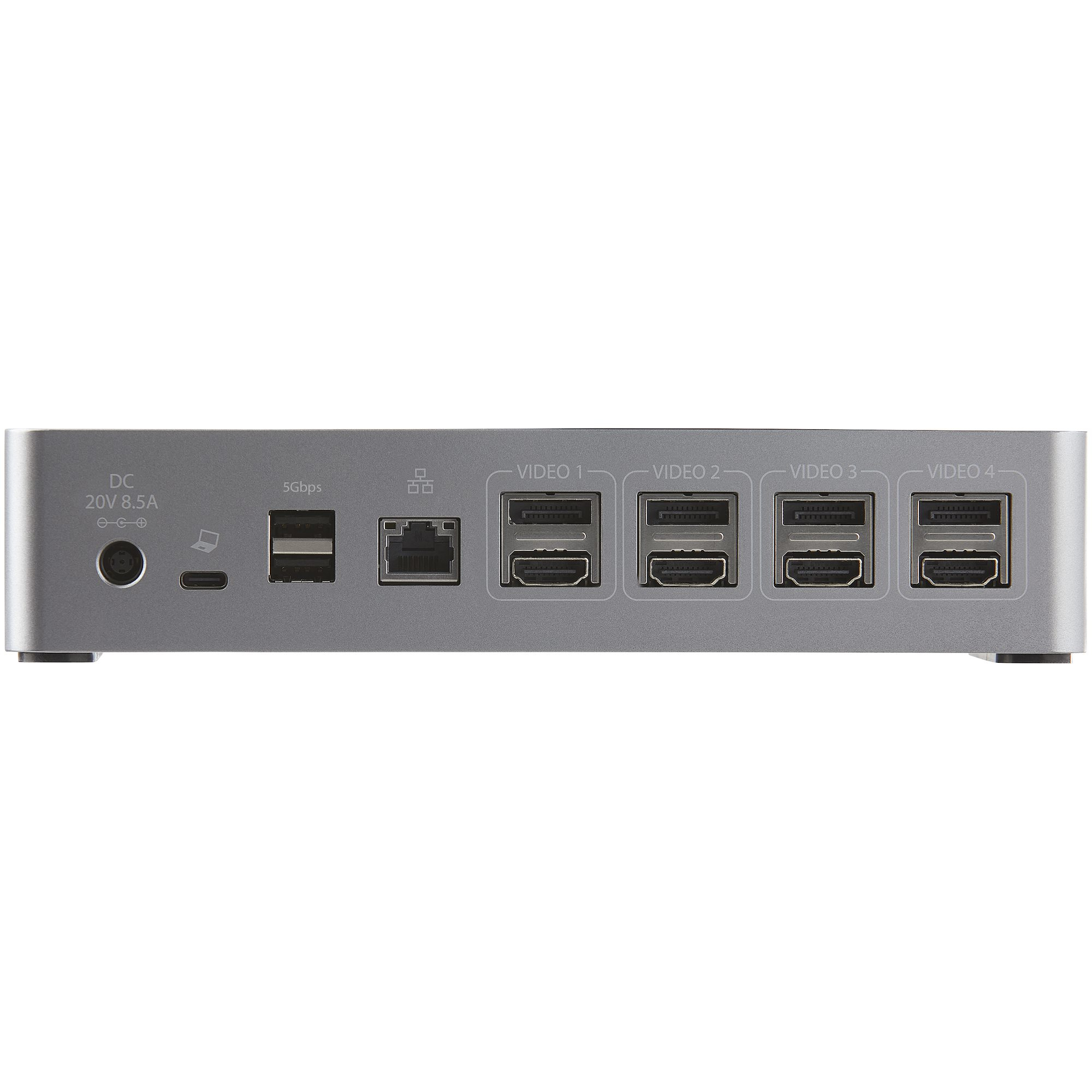 Eine silberne Dockingstation mit Anschlüssen: DC, USB, Ethernet und HDMI. Das Gerät ist auf weißem Hintergrund.