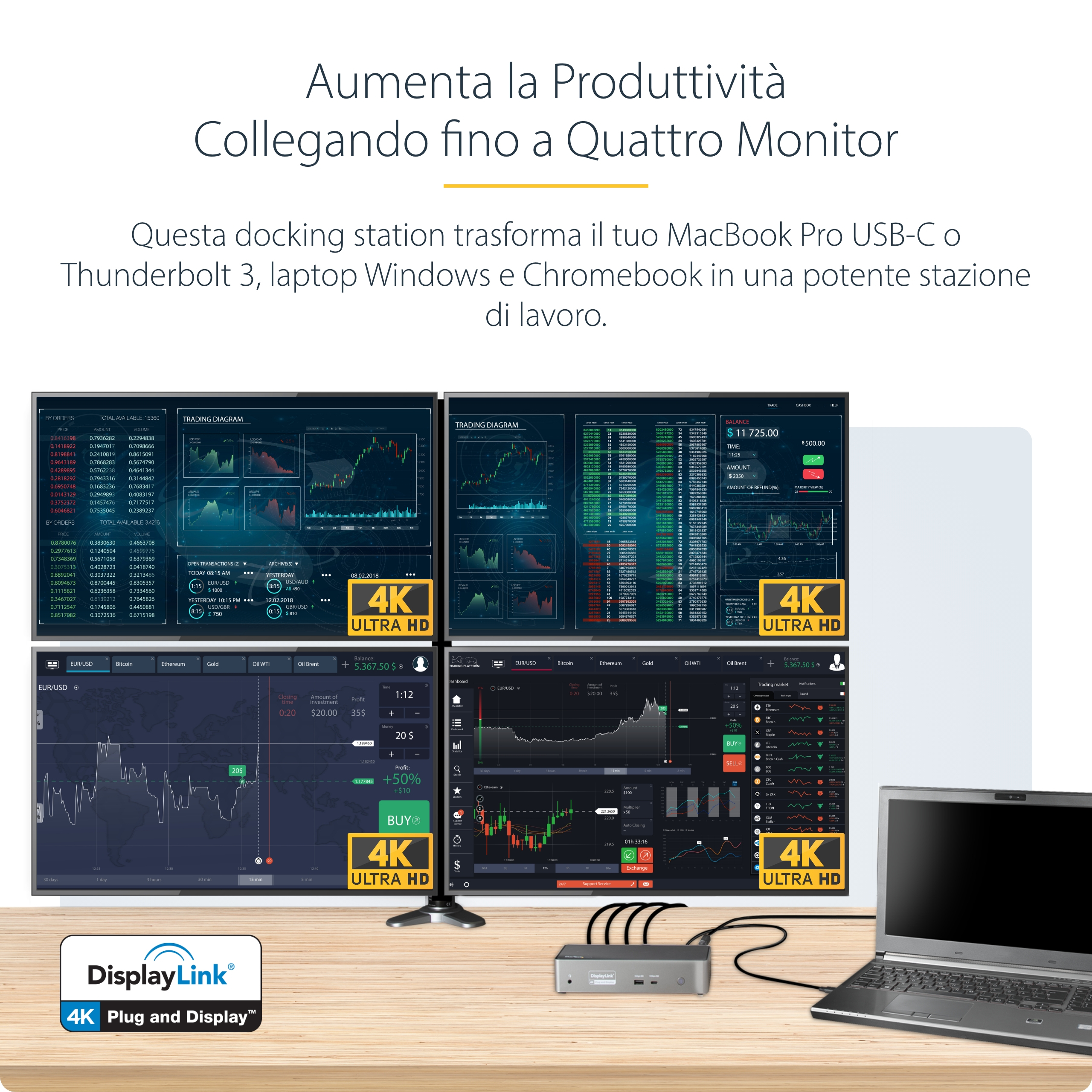 Ein Setup mit vier Monitoren, die an eine Dockingstation und einen Laptop angeschlossen sind.