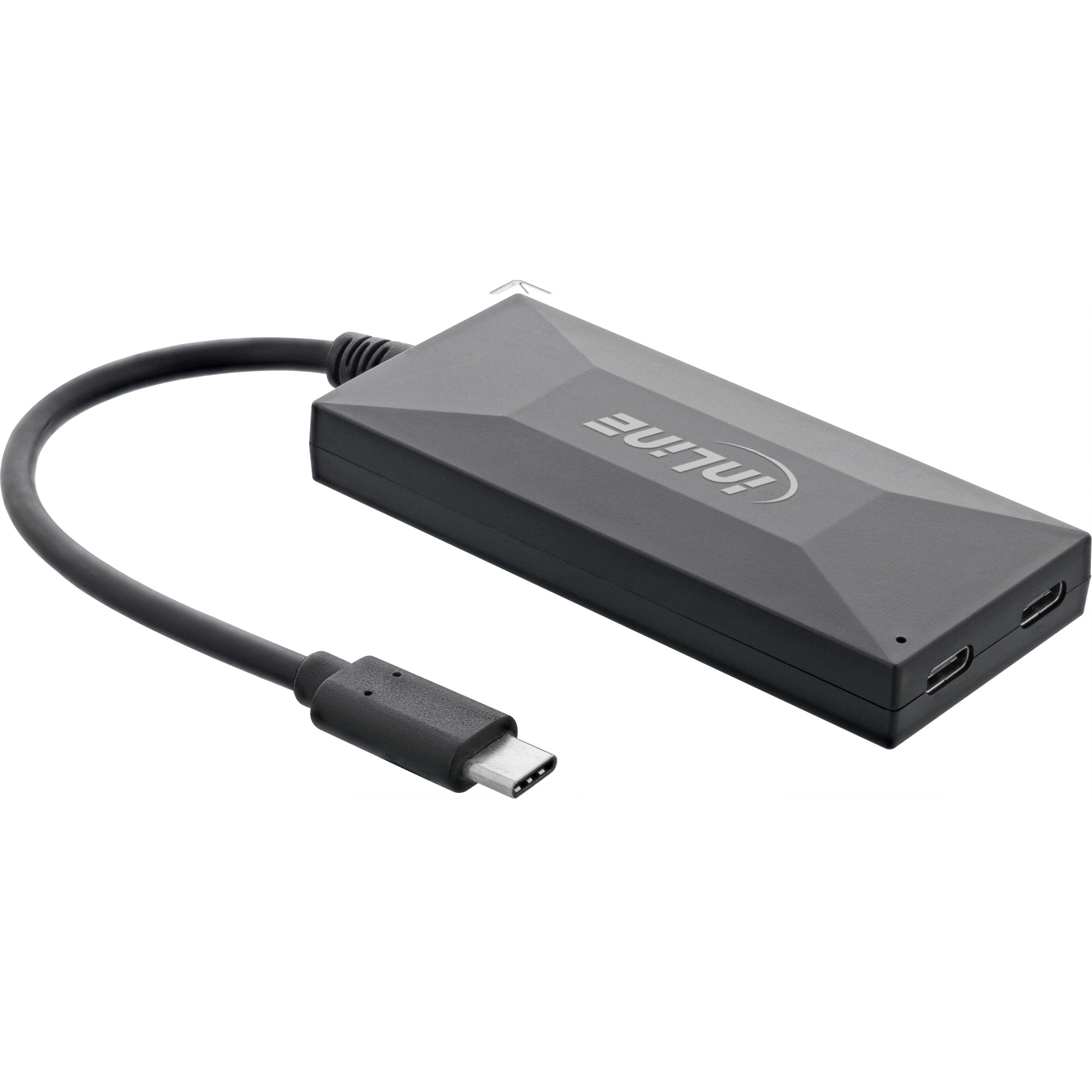 Hub USB nero con due porte USB-C e un cavo USB-C collegato.