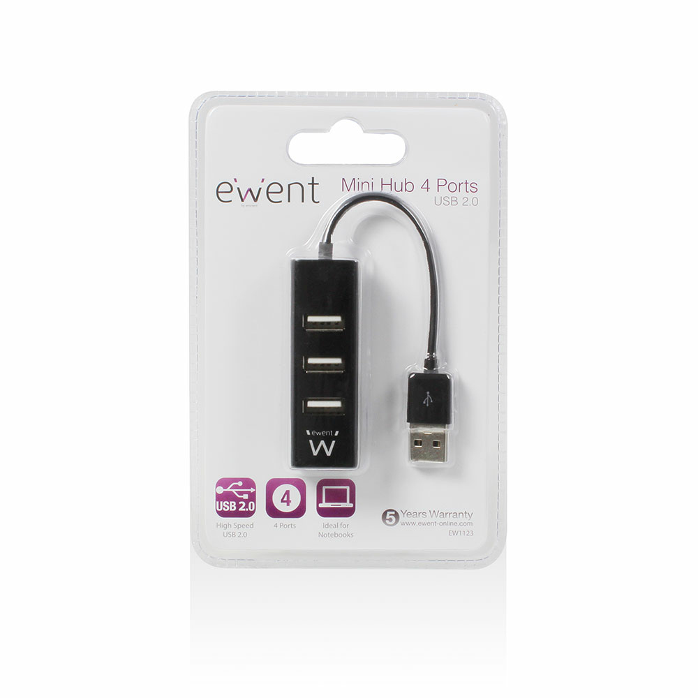 Hub USB nero in confezione, con cavo USB 2.0 e 4 porte.