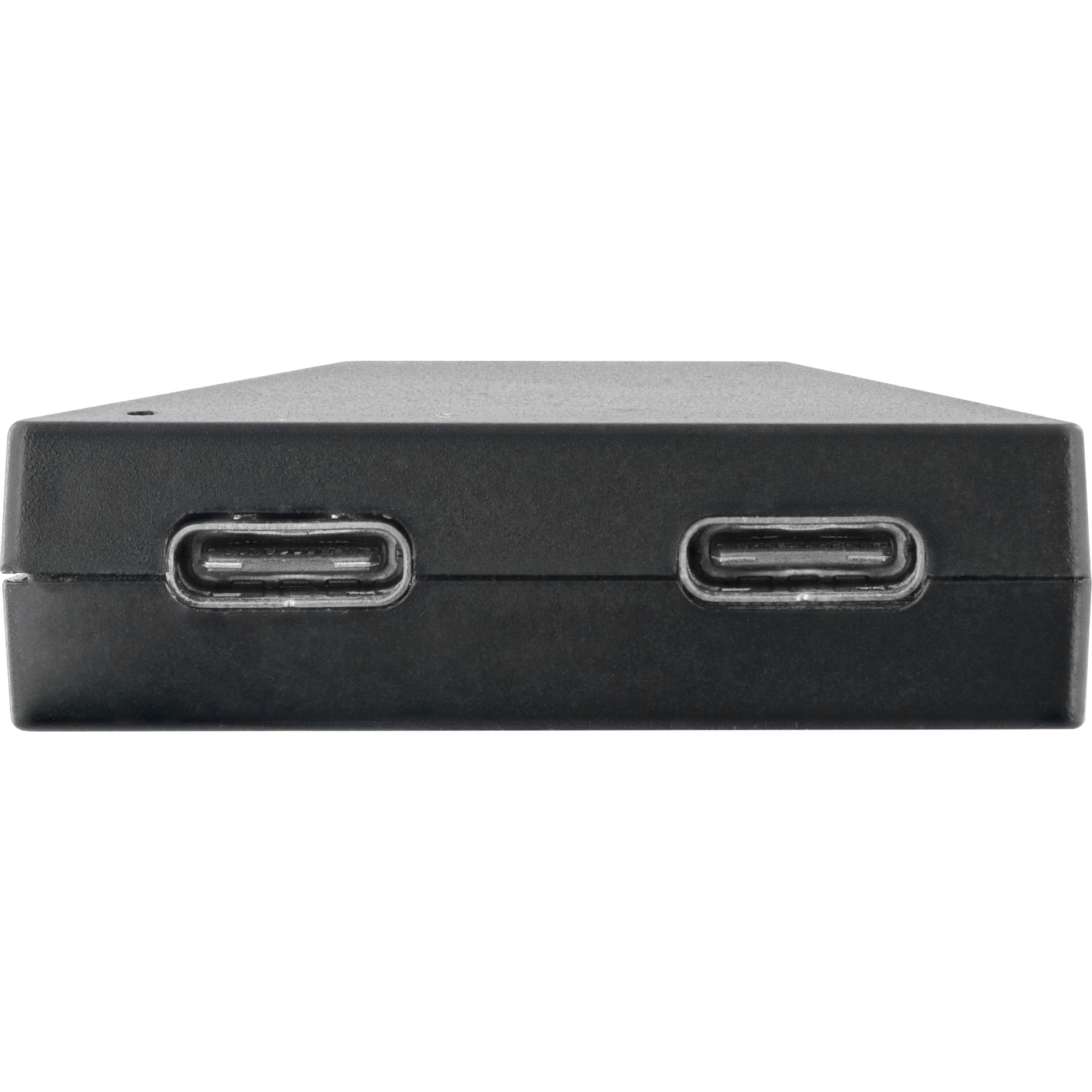 Primo piano di un hub USB nero che mostra due porte USB-C.