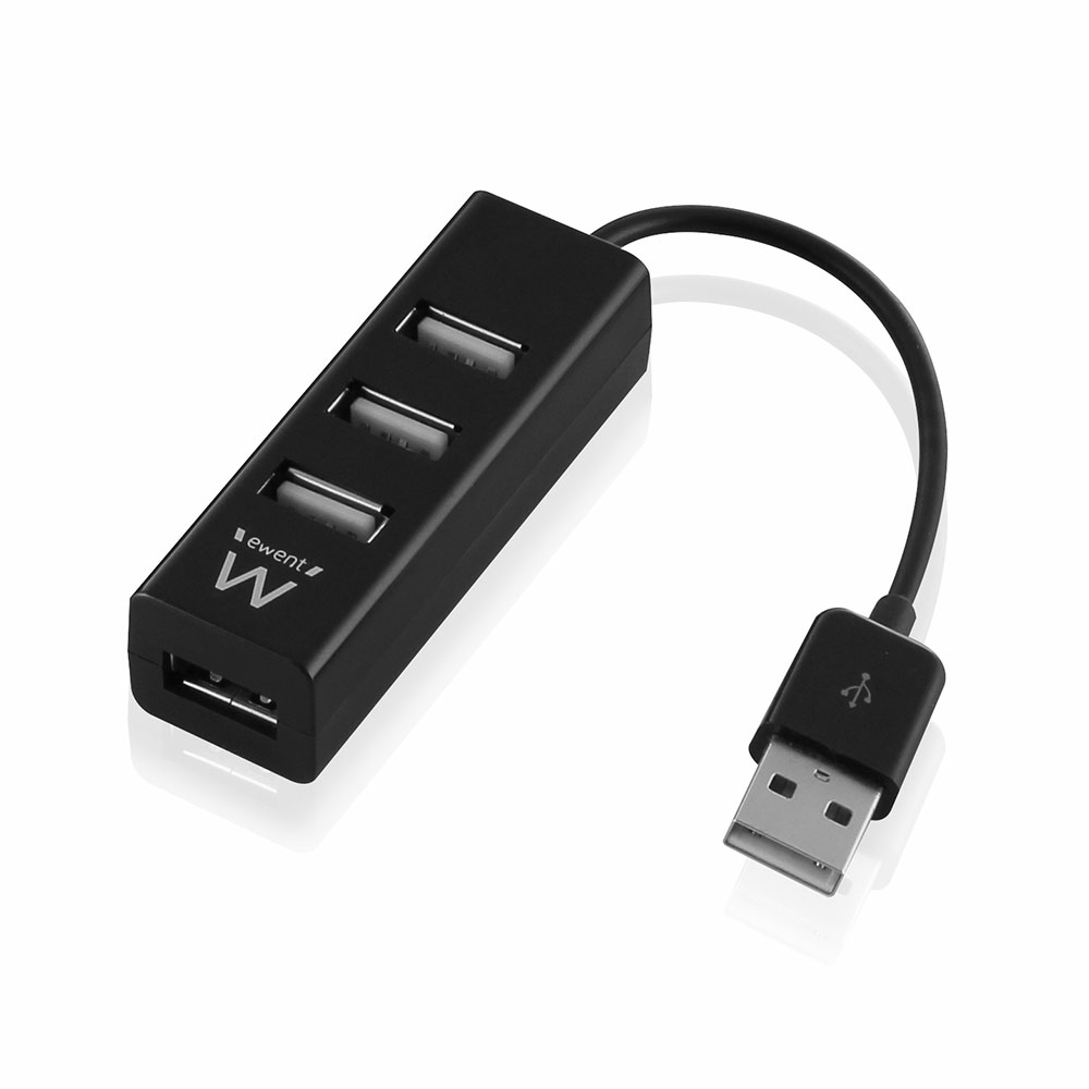 Un hub USB nero con tre porte USB e un cavo USB-A. L'hub ha un logo bianco 'e went'.
