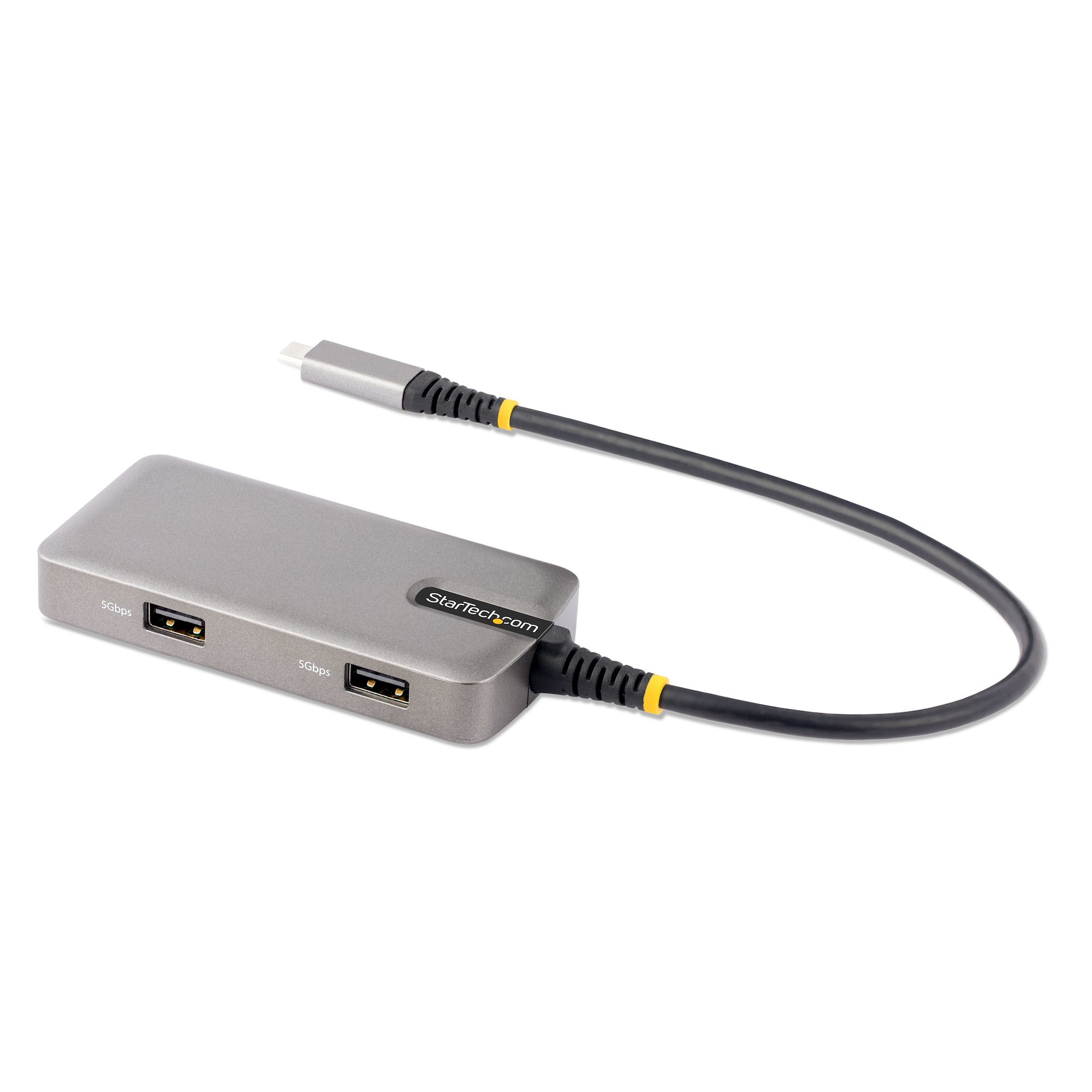 Grauer Startech USB-Hub mit zwei USB-Anschlüssen und einem schwarzen Kabel, auf weißem Hintergrund.