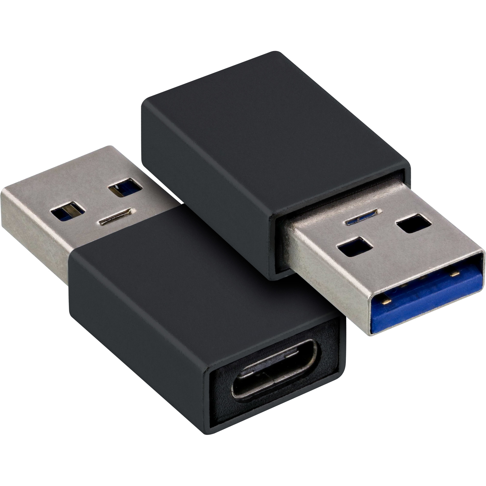 Due adattatori USB neri. Uno ha un connettore USB-C, l'altro un connettore USB-A.