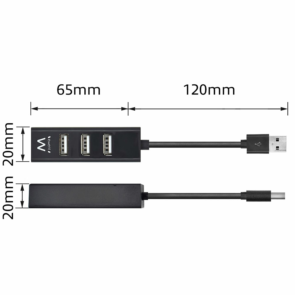 Diagramma di un hub USB con dimensioni. Hub e cavo neri con connettore USB.