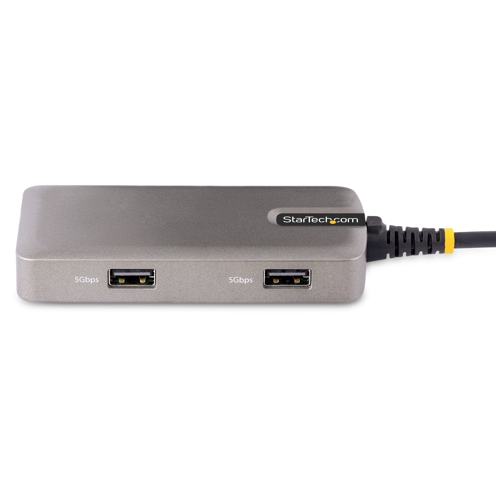Ein grauer USB-Hub mit zwei USB-Anschlüssen und dem StarTech.com-Logo.