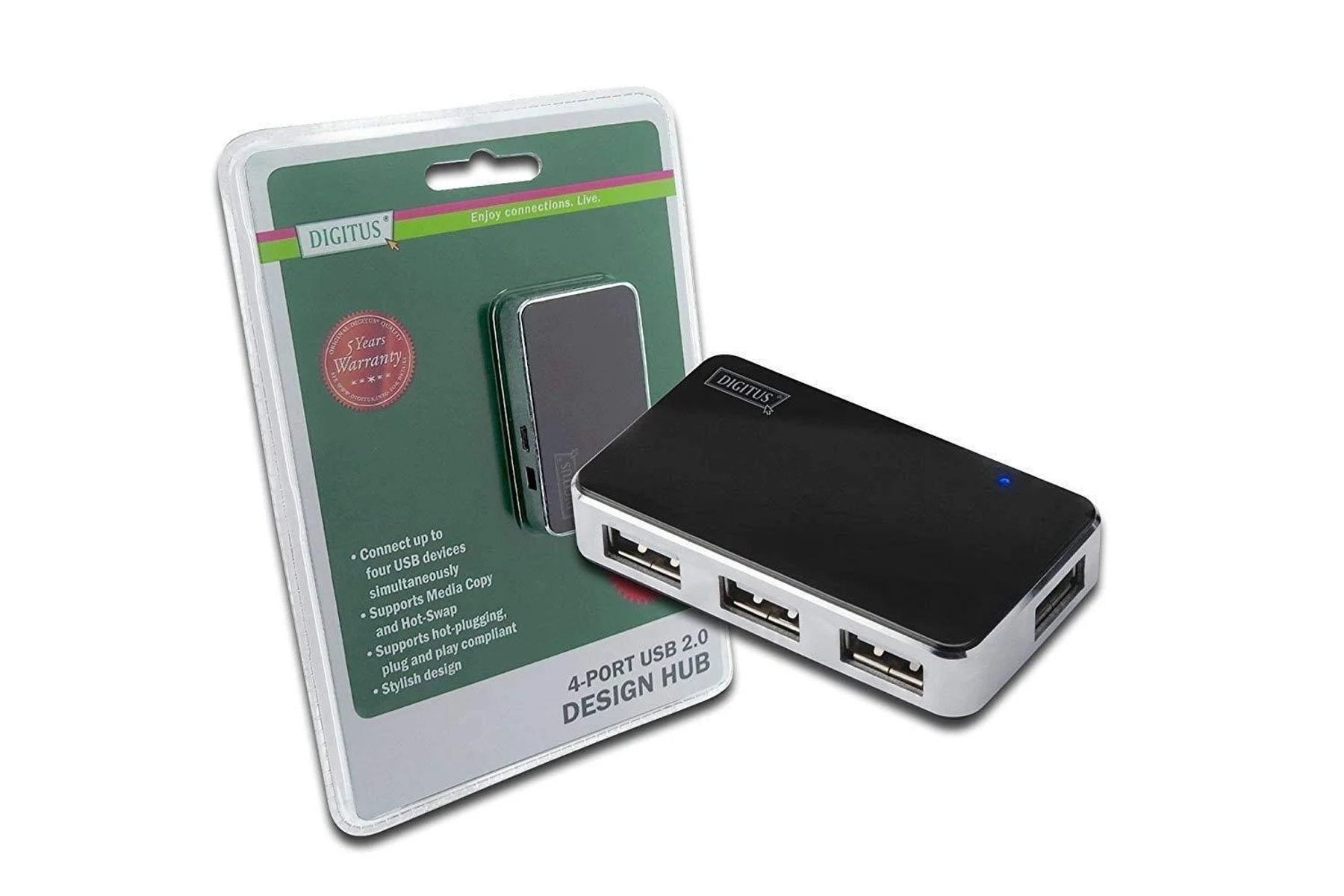 Ein USB-Hub in einer Verpackung der Marke Digitus, mit 4-Port USB 2.0 und einem schwarzen USB-Hub.