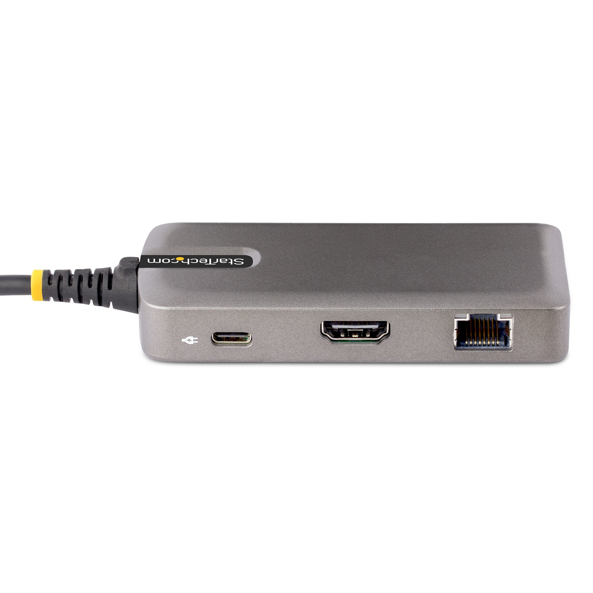 Ein graues Tech-Gerät mit Anschlüssen. Anschlüsse umfassen USB-C, HDMI und Ethernet. Markenname Startech.com.