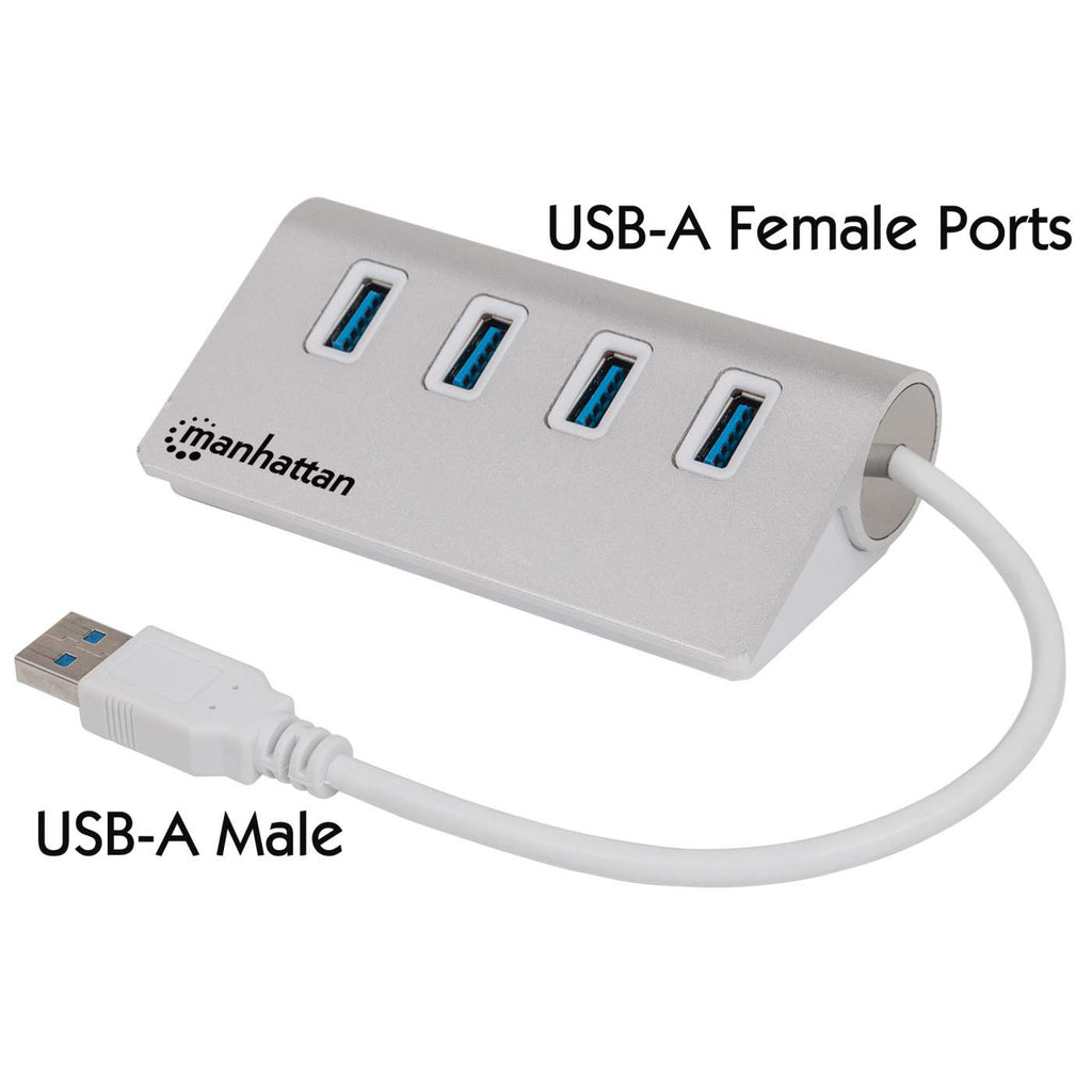 Hub USB argentato con quattro porte USB-A, una porta USB-A maschio e un cavo bianco.