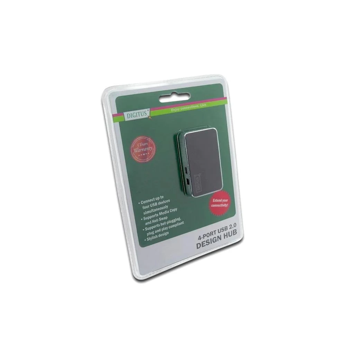 Ein verpackter schwarzer USB-Hub. Die Verpackung hat Text und Grafiken. Weißer Hintergrund.