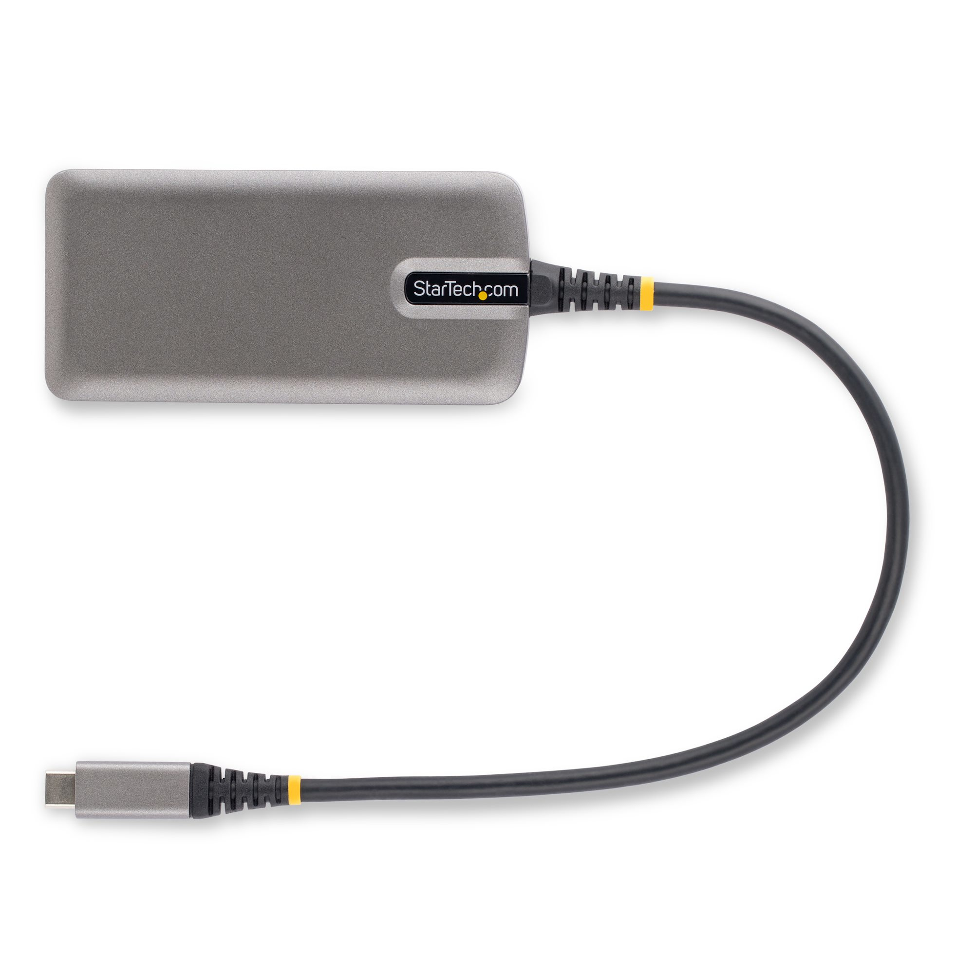 Ein grauer StarTech.com-Adapter mit angeschlossenem USB-C-Kabel.