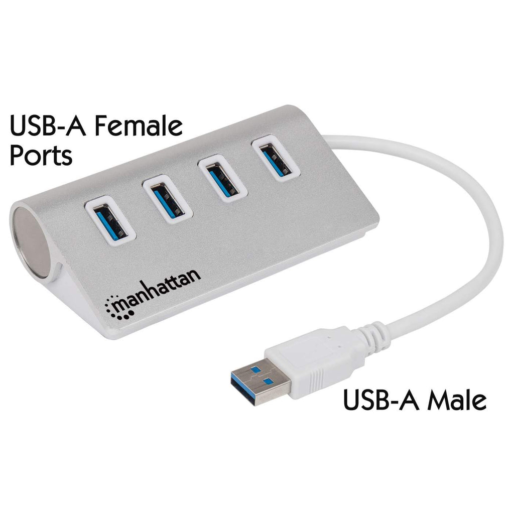 Hub USB argentato con quattro porte USB-A, etichettate, e cavo USB-A bianco.