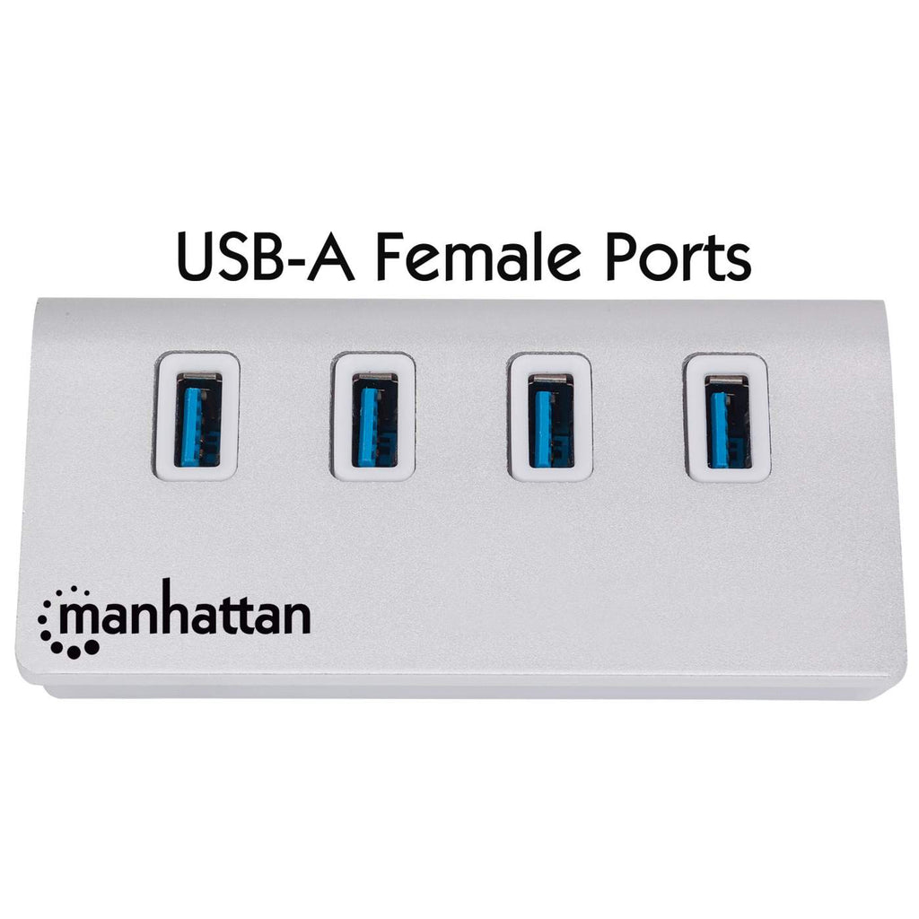Un hub USB argentato con 4 porte USB-A femmina e il logo Manhattan.