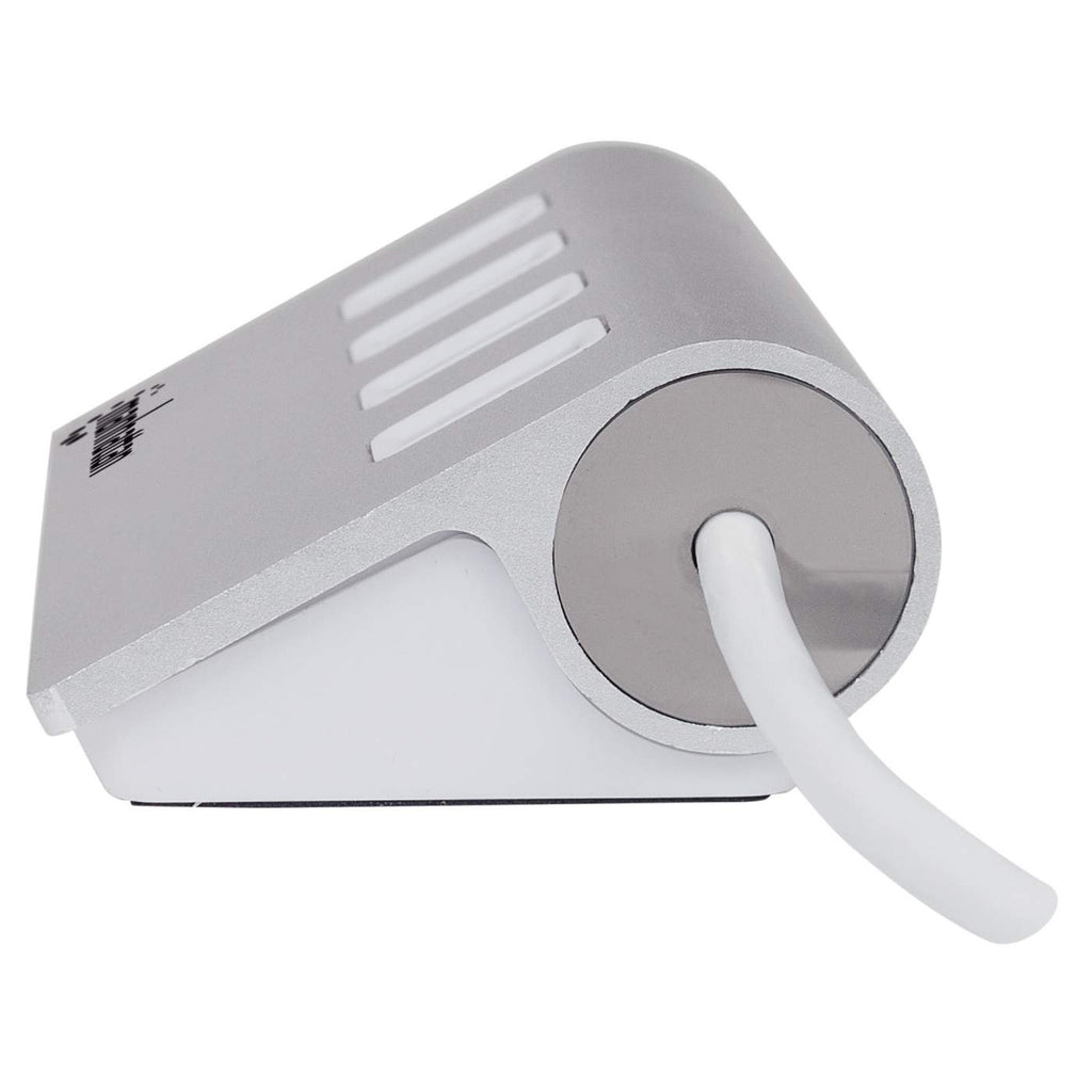Hub USB argento, design angolato, con quattro porte e cavo bianco.
