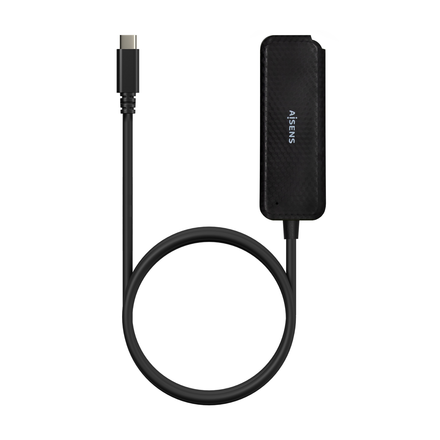 Adattatore USB-C nero con cavo nero. L'adattatore ha il marchio 'AISENS'.