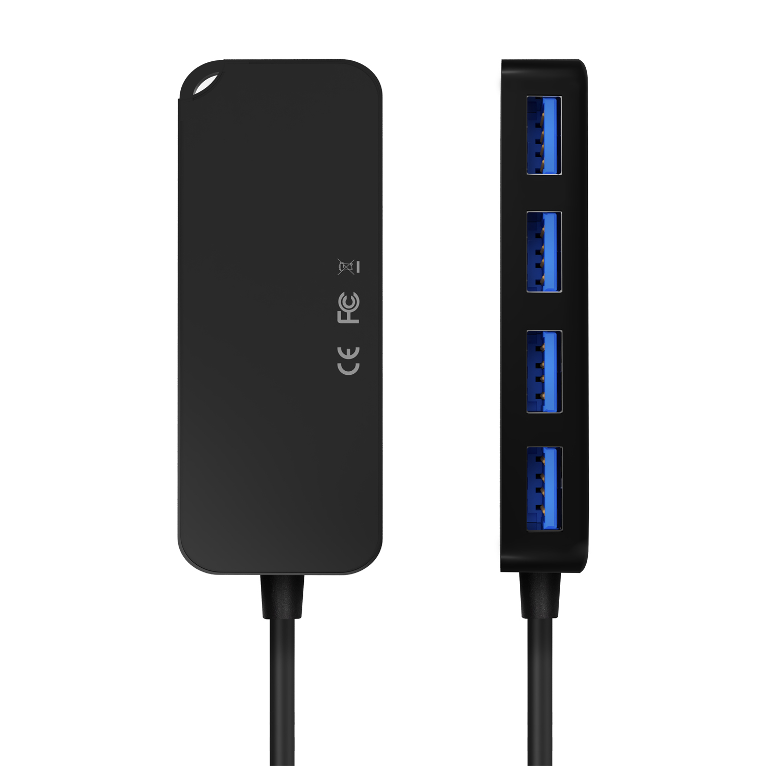 Hub USB nero con quattro porte blu e cavo nero, su sfondo bianco.
