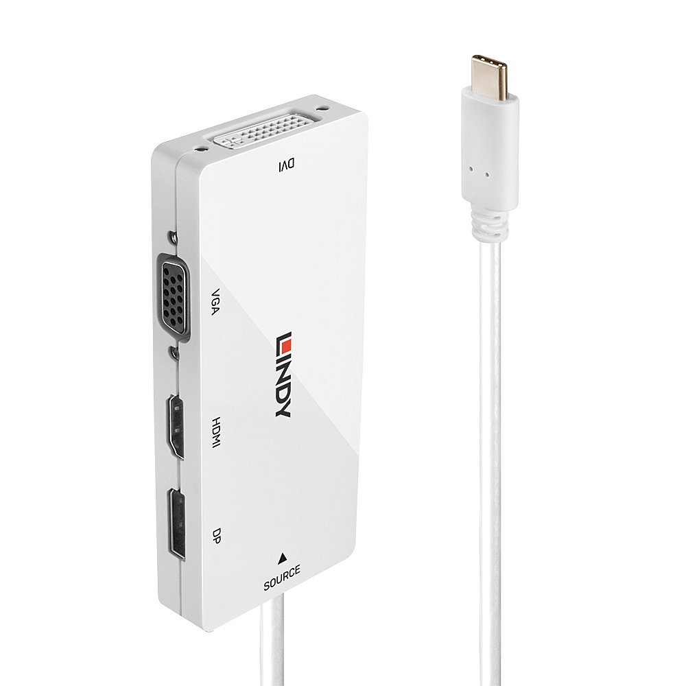 Adattatore bianco con più porte e cavo USB-C. Sfondo bianco.